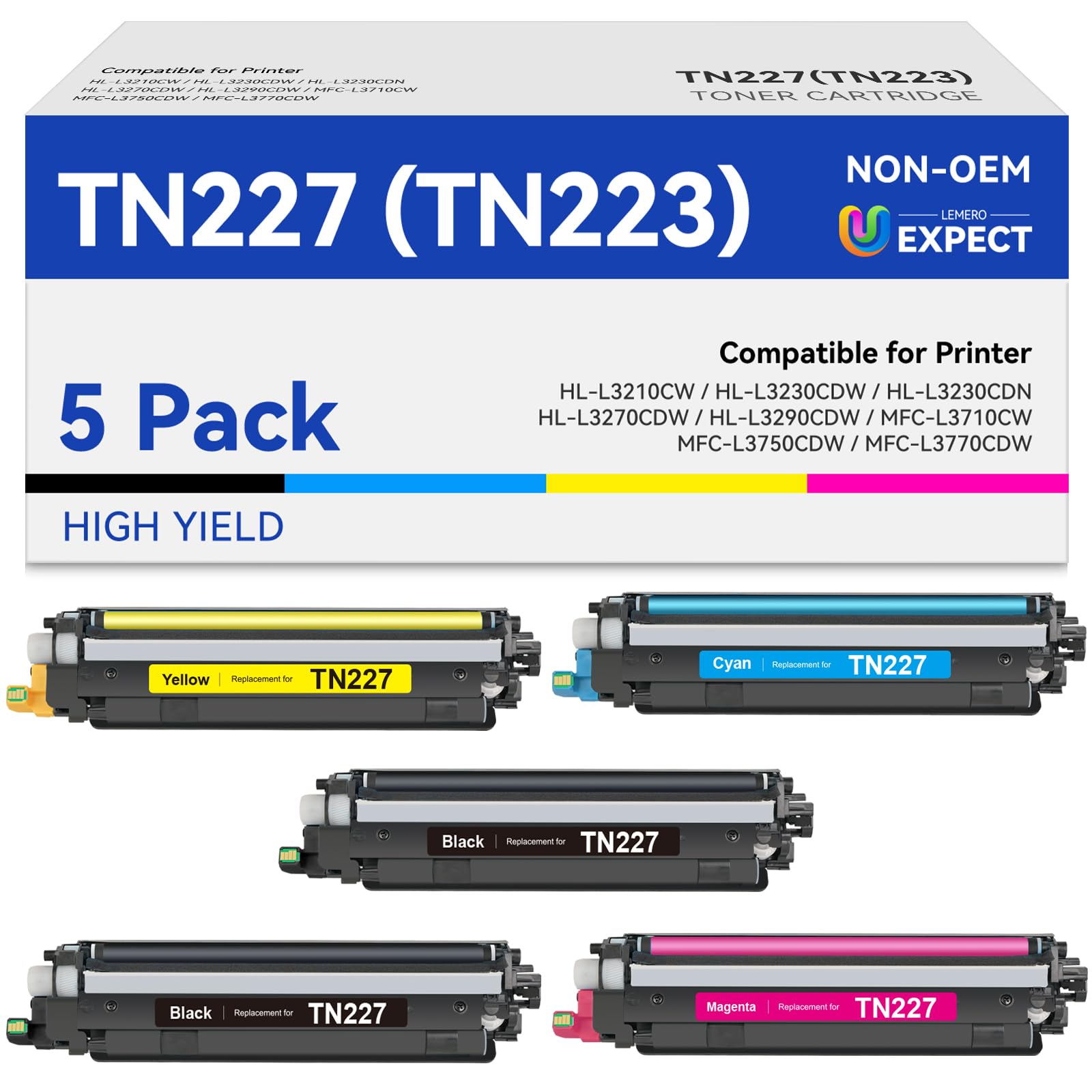 LEMERO UEXPECT TN-227BK/C/M/Y High Yield Toner Cartridge Compatible Replacement for Brother TN227 TN-227 TN227BK TN223BK TN223 TN-223 for MFC-L3770CDW HL-L3290CDW MFC-L3710CW HL-L3270CDW ( 5 Pack)