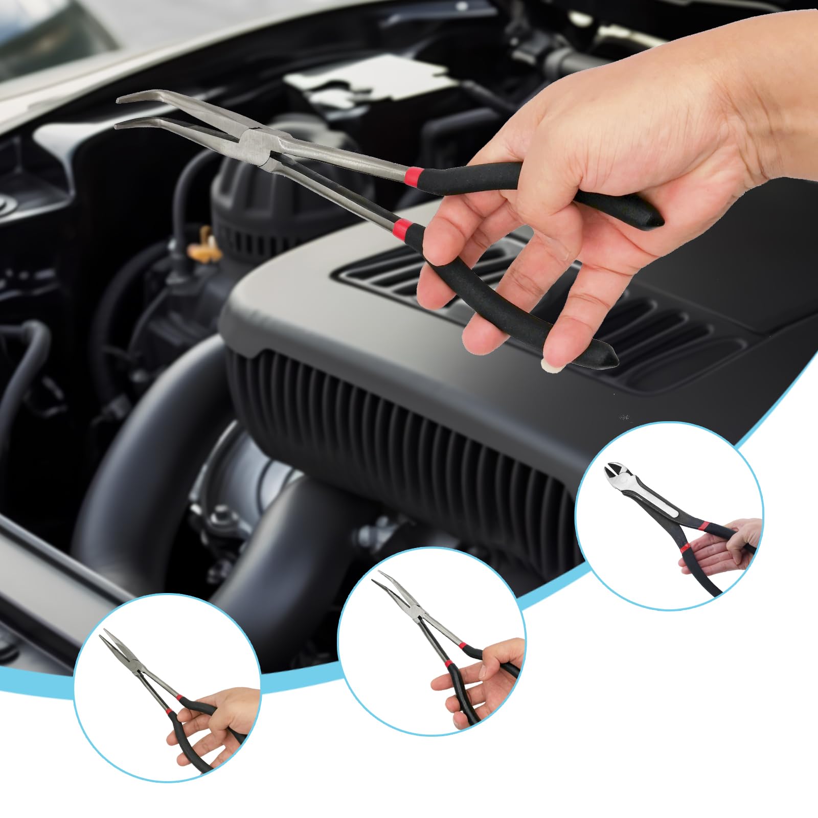 4-Piece 11" Extra Long Needle Nose Pliers Set with Insulated Comfort Grip, Straight Long Reach, 45/90°Bent Nose & Diagonal Pliers for Bending, Shaping & Trimming in Narrow Spaces