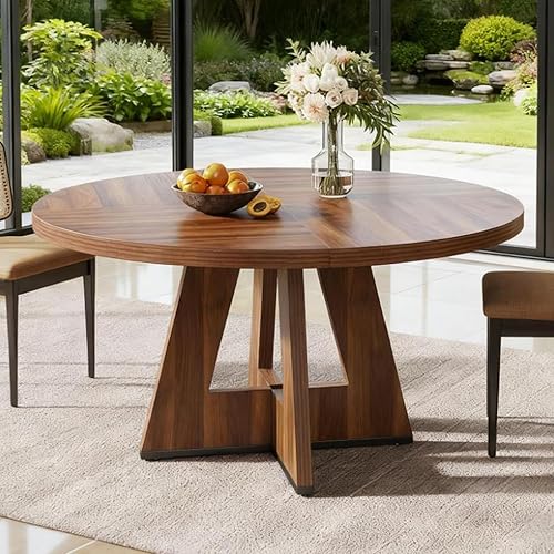 Miniatura 9 de Mesa de comedor redonda de 47 pulgadas, mesa de madera estilo granja para 4-6 personas, mesa de cocina rústica con soporte de metal, mesas de