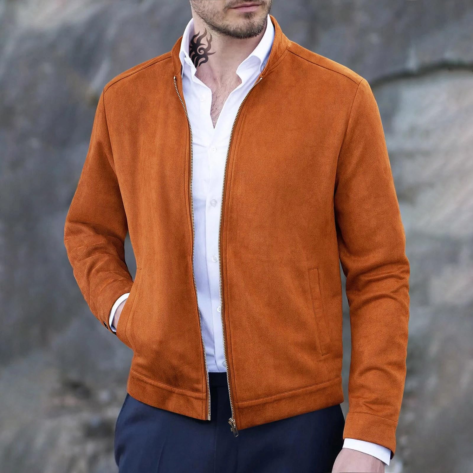 Wildlederjacke Herren Velours-Kunstleder Jacke Casual Varsity Jacke Leichte Dünne Bomberjacke Crew Jacket Trachten Hoodie Vintage Bomberjacken