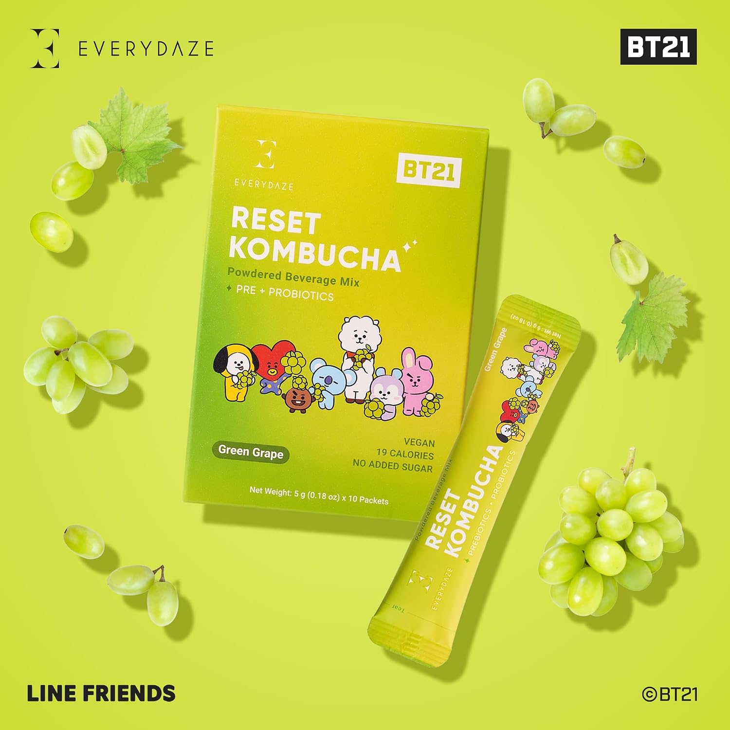 Everydaze BT21 Reset Kombucha Tea Powdered Beverage Mix | 10 Sticks | Prebiotics + Probiotics | Vegan | No Added Sugar, Gluten Free, Sparkling Powder Drink Pack (Green Grape) (Pack of 2) image 2