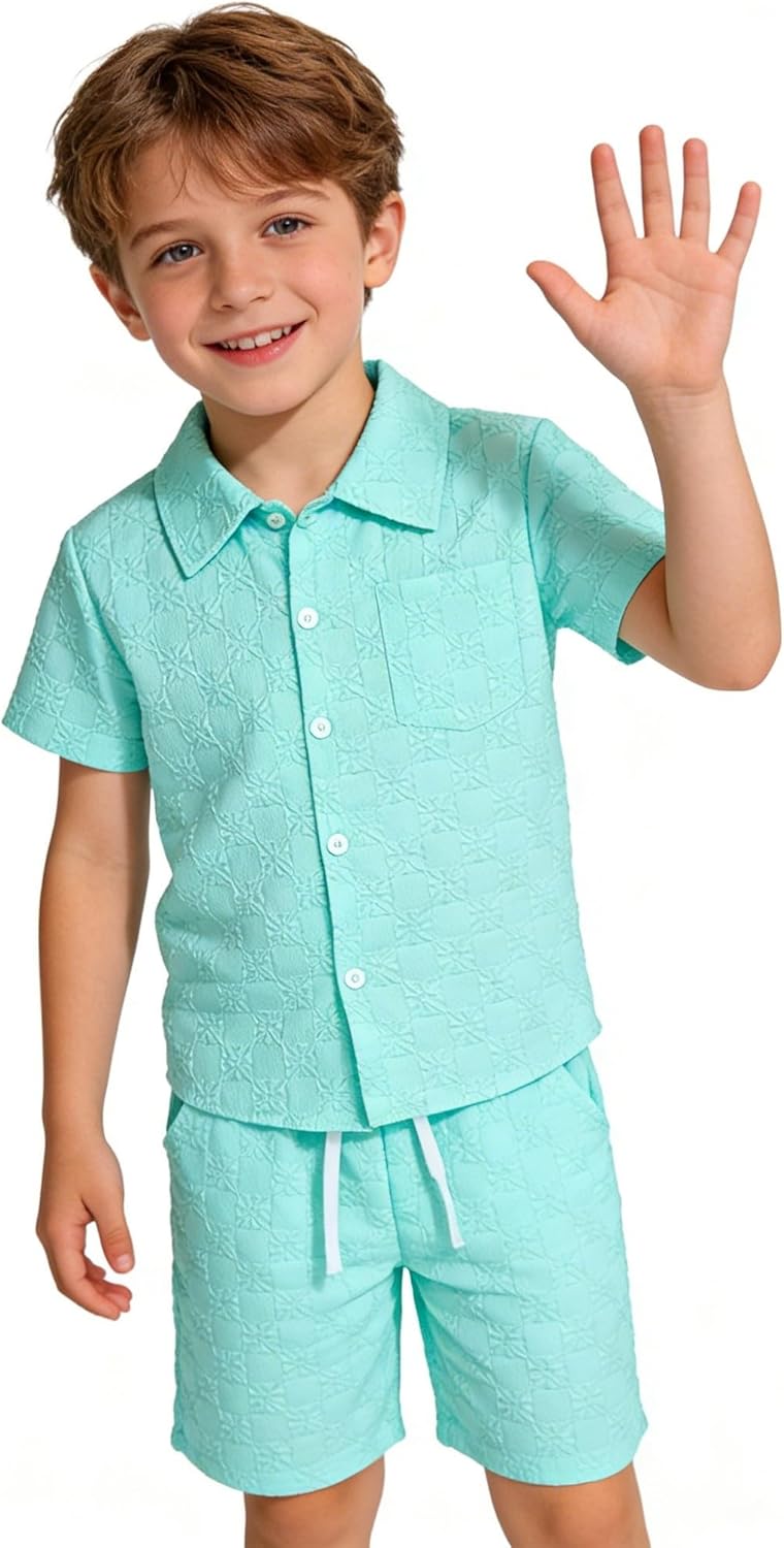 Boys Summer 2-Piece Outfit Size 6-13 Short-Sleeve Textured Button-Down Shirt & Solid Elastic-Waist Shorts Set - Image 2