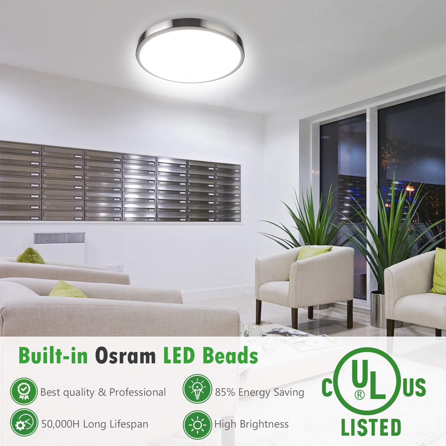 JACKYLED 3 Color Temperature LED Flush Mount Ceiling Light Brushed Nickel 12" 18W 1260lm IP44 Damp Rated Thin Ceiling Light Fixture for Kitchen Bathroom Bedroom (3000K/4000K/5000K),ETL-Listed