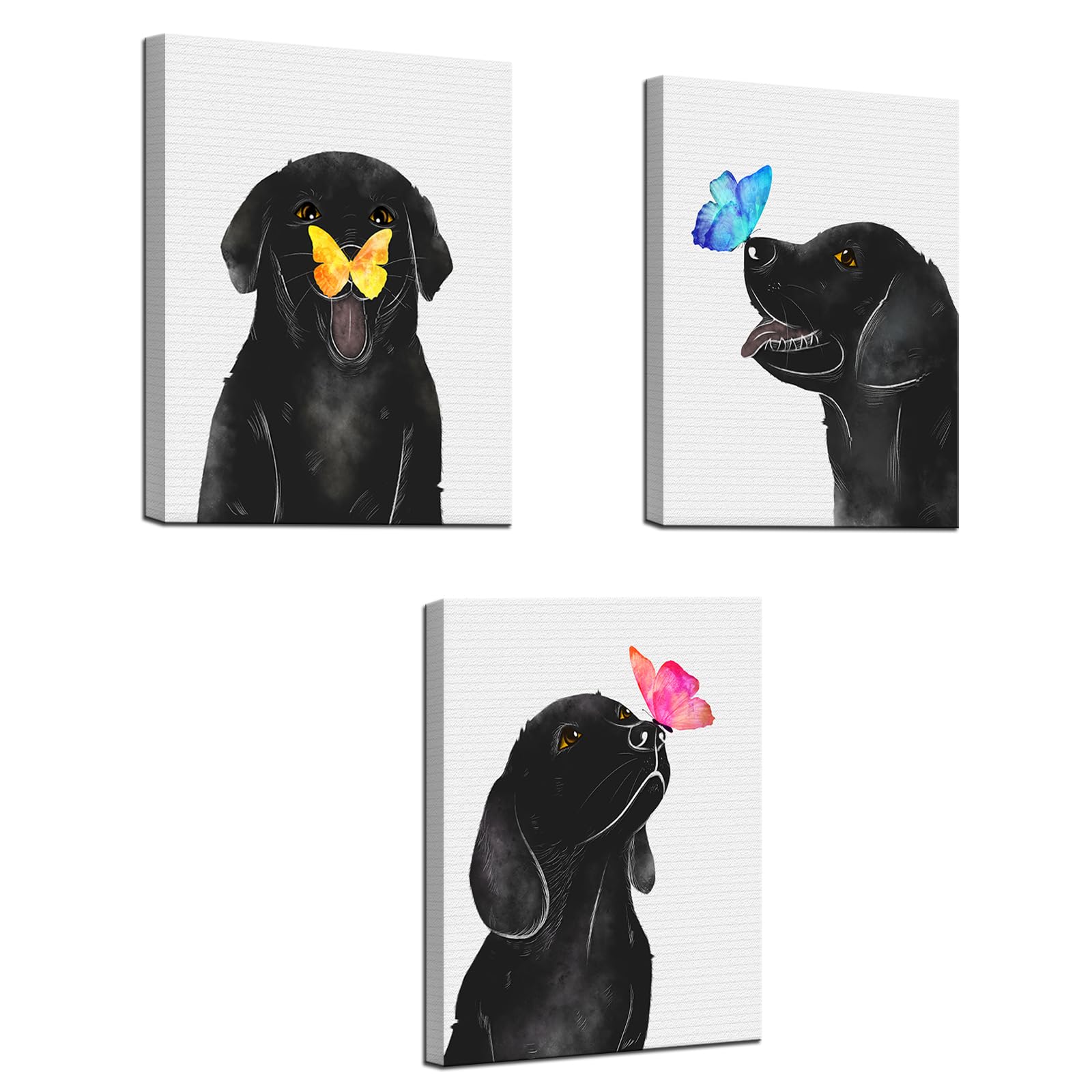 KLVOS Dog Animal Wall Art for Nursery Room Butterfly on Dog Nose Kids Bed Room Wall Decor 3 Panel Black and White Puppy Prints Picture for Pet Shop 12