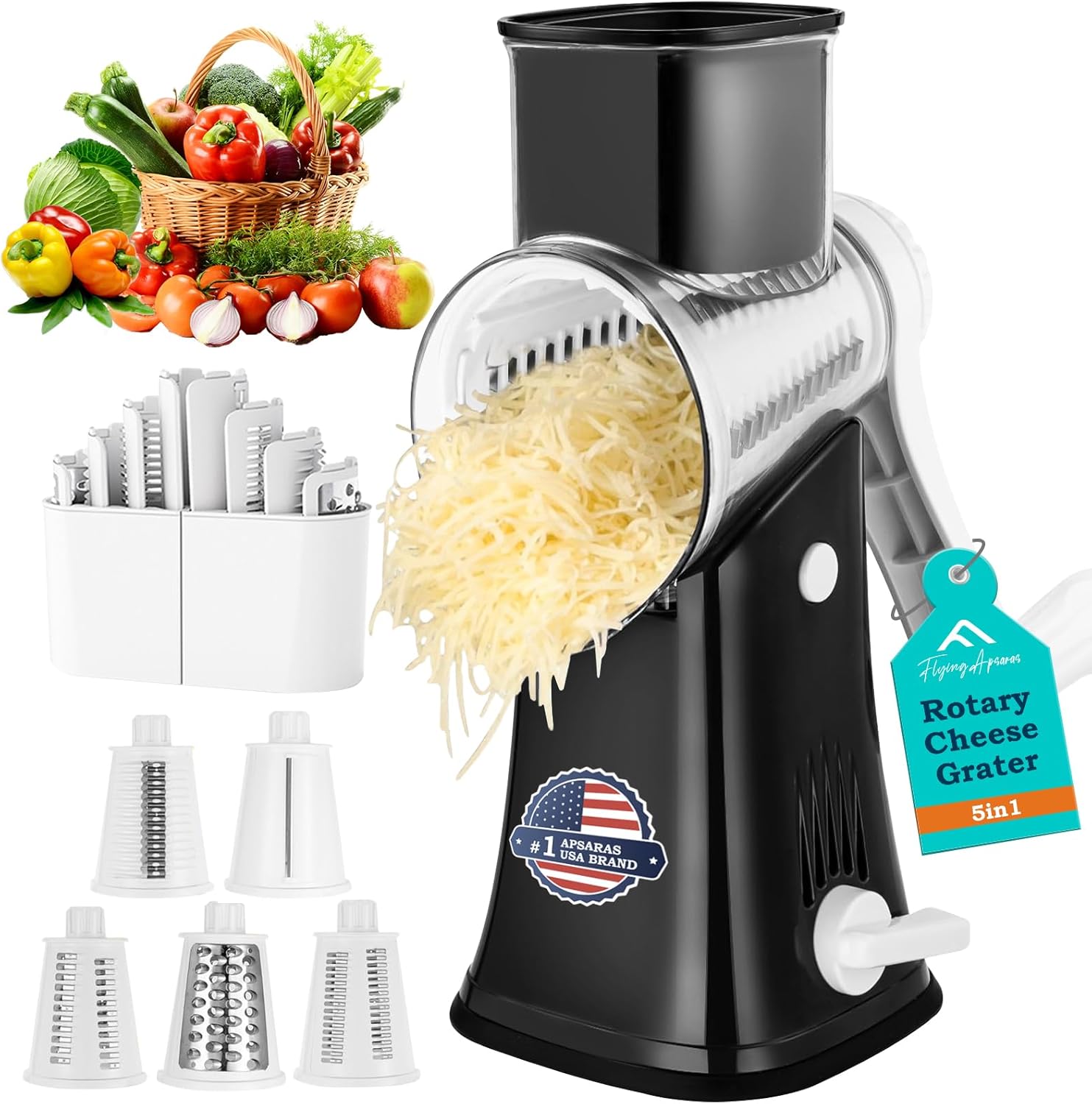 APSARAS USA Cheese Grater Hand Crank, Rotary Cheese Grater, 5 in 1 Rotary Grater, Cheese Shredder Replaceable Stainless Blades with Strong Suction Base, Easy to Clean Kitchen Gadgets with Storage Box