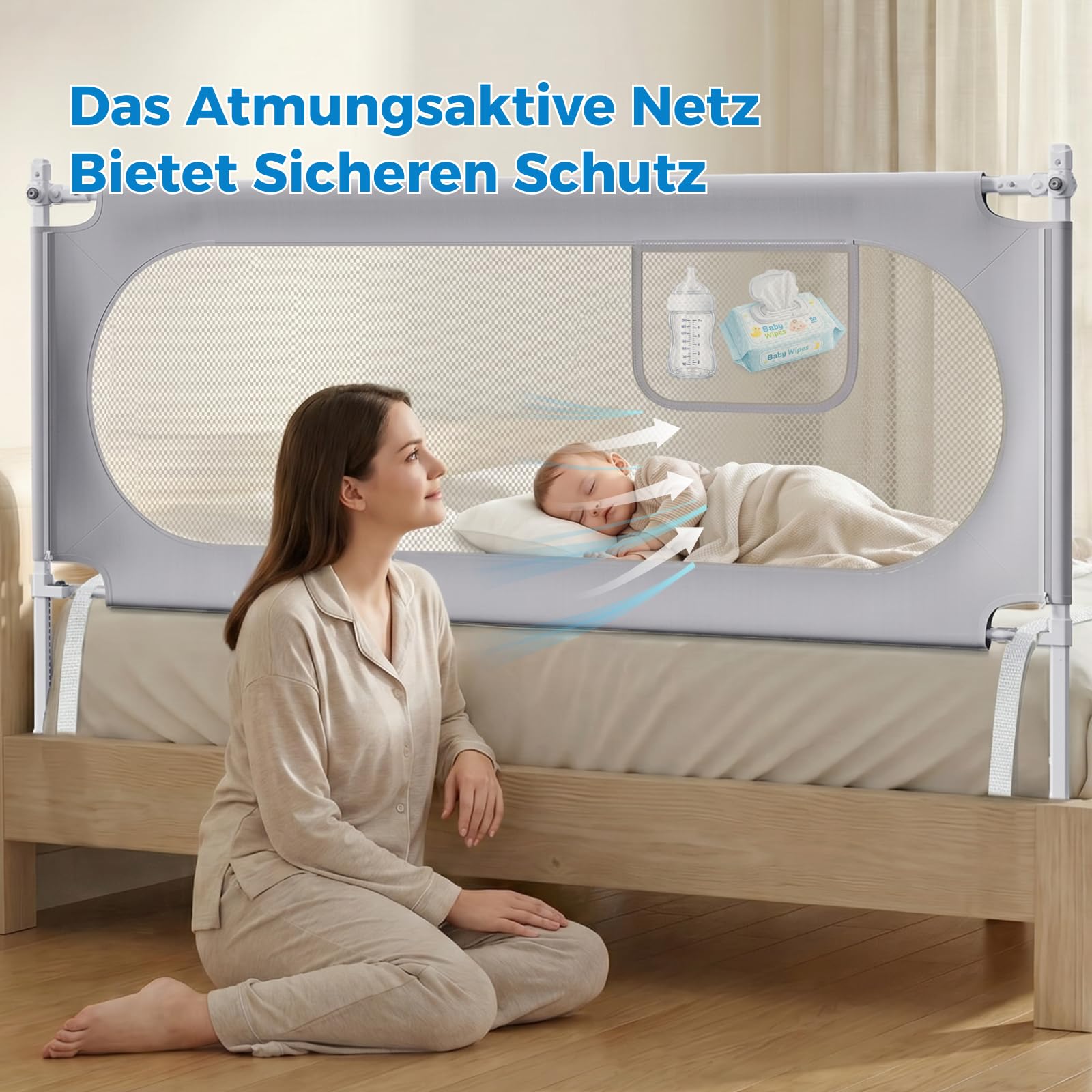 Rausfallschutz Bett 200cm – Bettgitter Stabiles U-förmiges | Stabiles Bettgitter Rausfallschutz, für Boxspringbetten und die meisten Bettarten, mit 2 Sicherheitsgurten