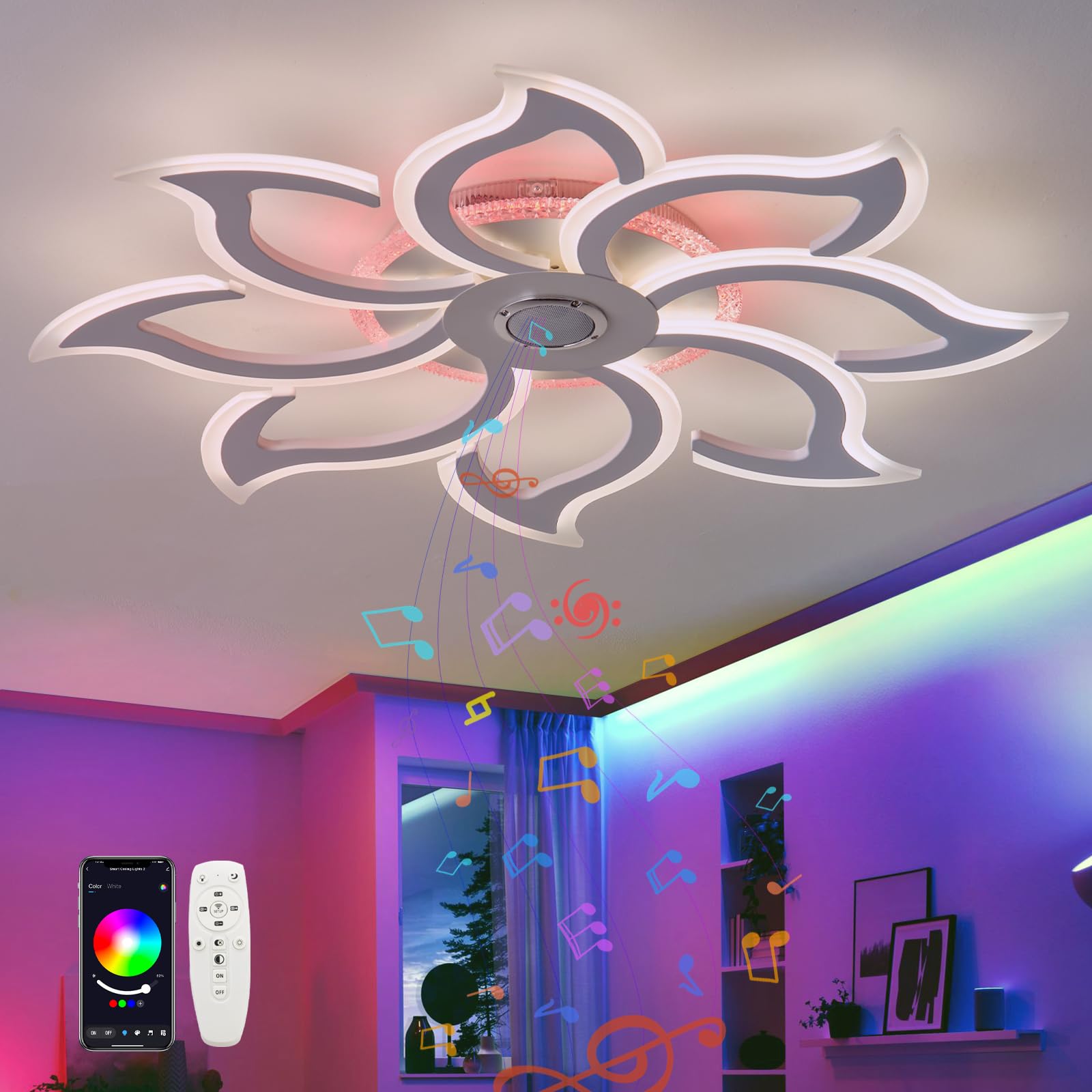 QINGYING 90cm Dimmable Ceiling Lights Flower,LED Light Fittings Ceilings with Remote APP, Smart Ceiling Lamp with Speaker Lighting Fixture for Living Room Bedroom Kitchen Office-White
