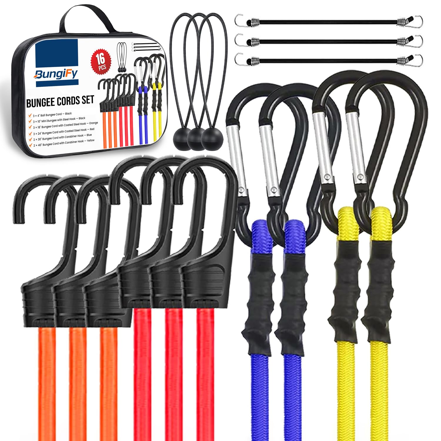BungiFy Heavy Duty Bungee Cords with Hooks, 16-Pcs Bungee Cord Set – Multi-Length UV Resistant Double Braided Bungee Straps for Camping & Storage – Versatile Use – Durable & Weather-Resistant