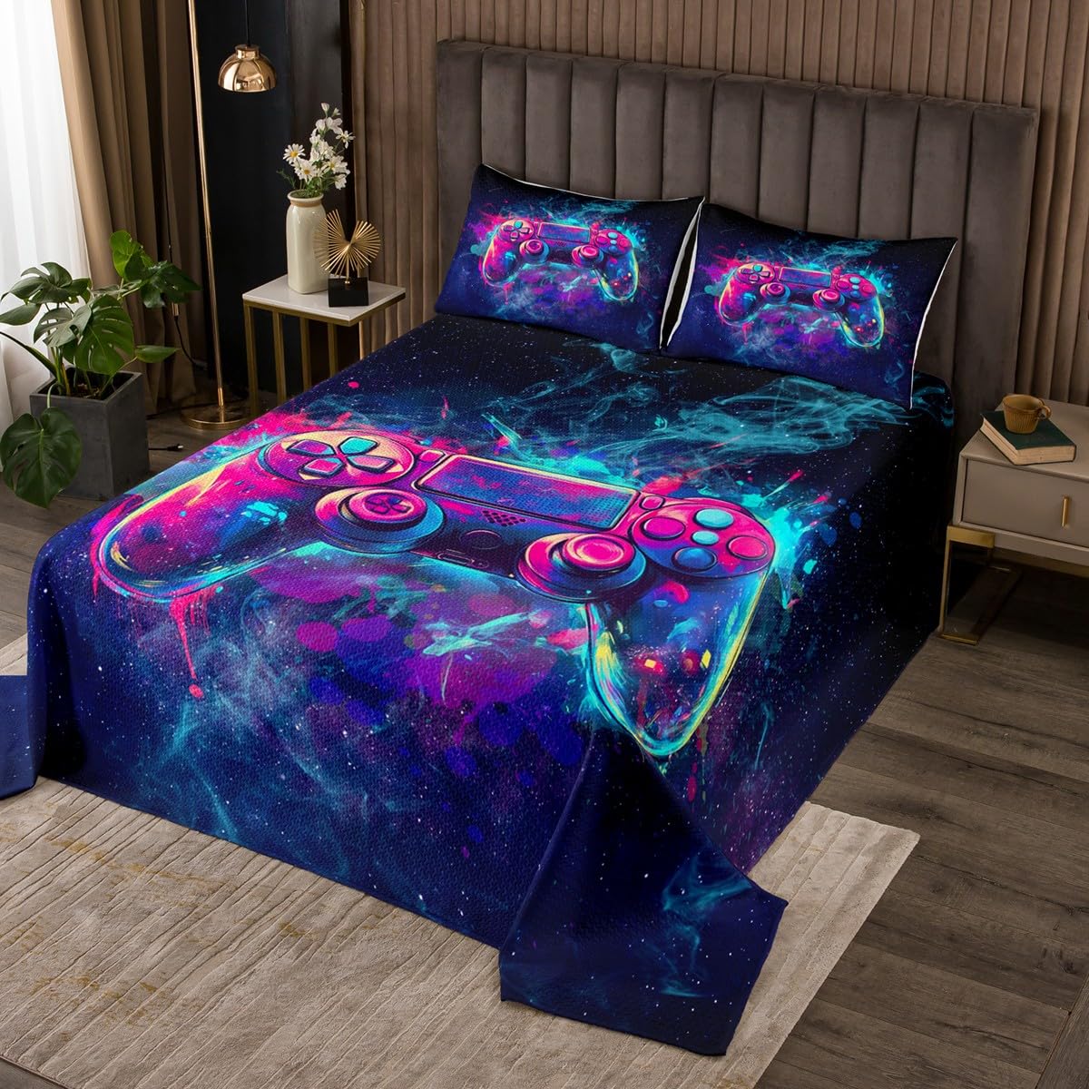 jejeloiu Boys Girls Gamer Bedspread Queen Size, Hippie Graffiti Gaming Coverlet Set Modern Game Quilted Coverlet Kids Teens Bedroom Decor 3Pcs