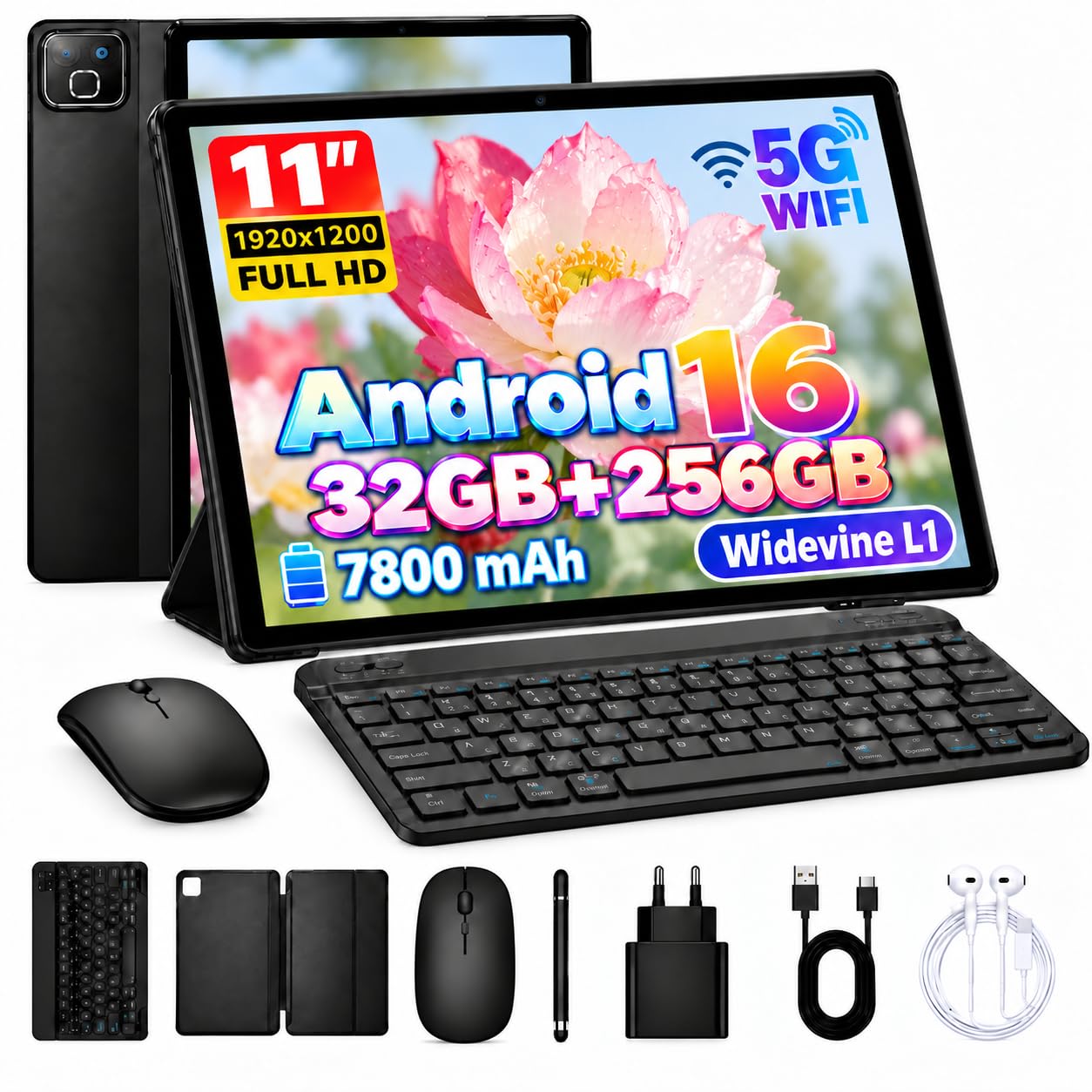 2026 Tableta Android 16 con Teclado y Lápiz, Tableta de 11 Pulgadas 32GB RAM+256GB ROM+Ampliable hasta 1TB, 7800mAh, Tableta 2 en 1 Kit 8 en 1 con Funda, Ratón, Auriculares y Cargador (Negro)