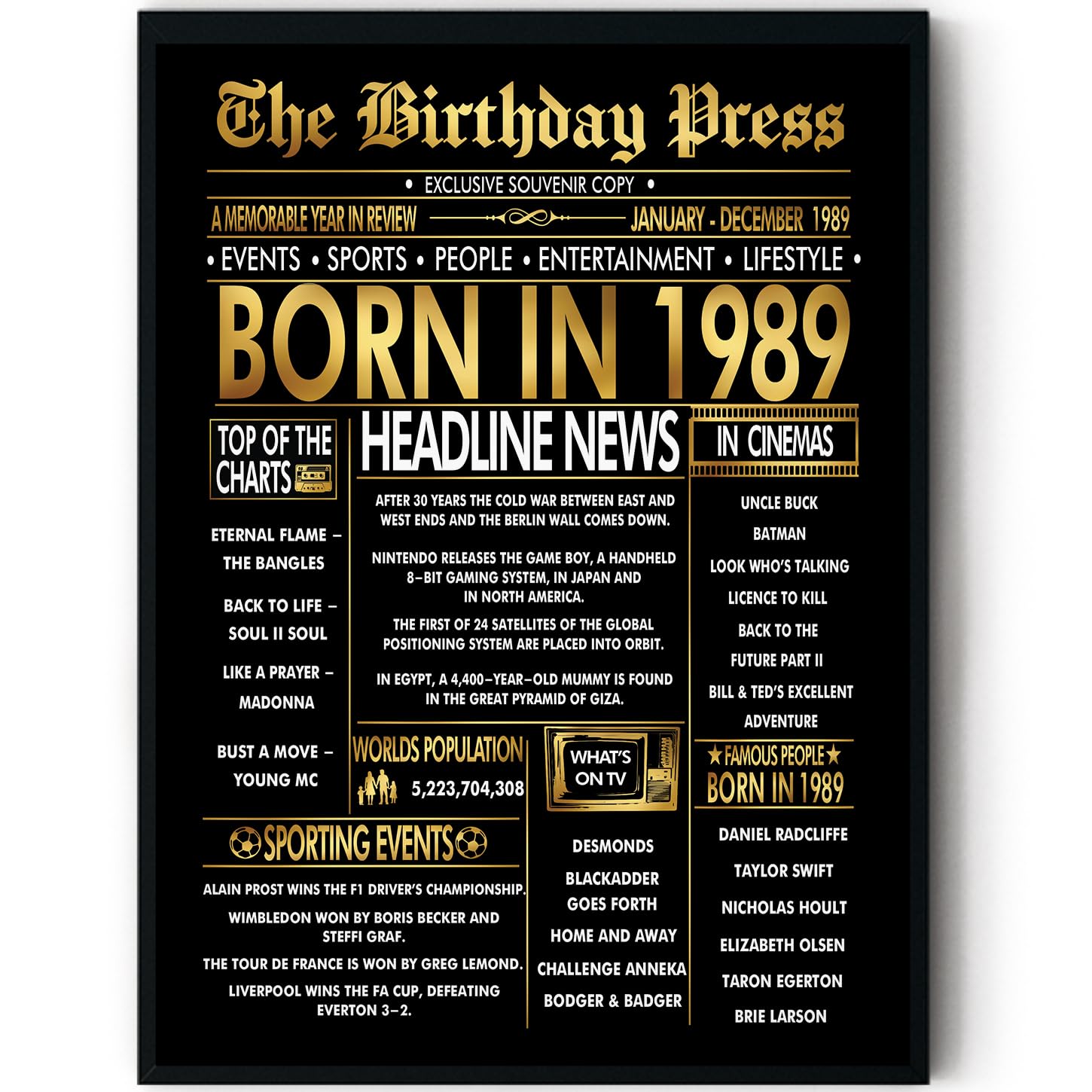 Stuff4 Men's 1989 Gold 37Th Birthday Poster Framed - Golden Born In Newspaper - Happy 37 Birthday For Wo Retro Vintage Gifts Back In 8X10 Inch Bday Party Decor Decoration