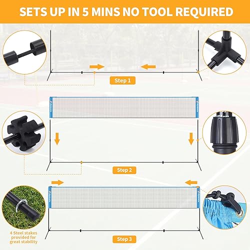 Miniatura 9 de Juego de red de bádminton portátil de 17 pies para exteriores, juego de red deportiva de altura ajustable para patios traseros de playa, entrada