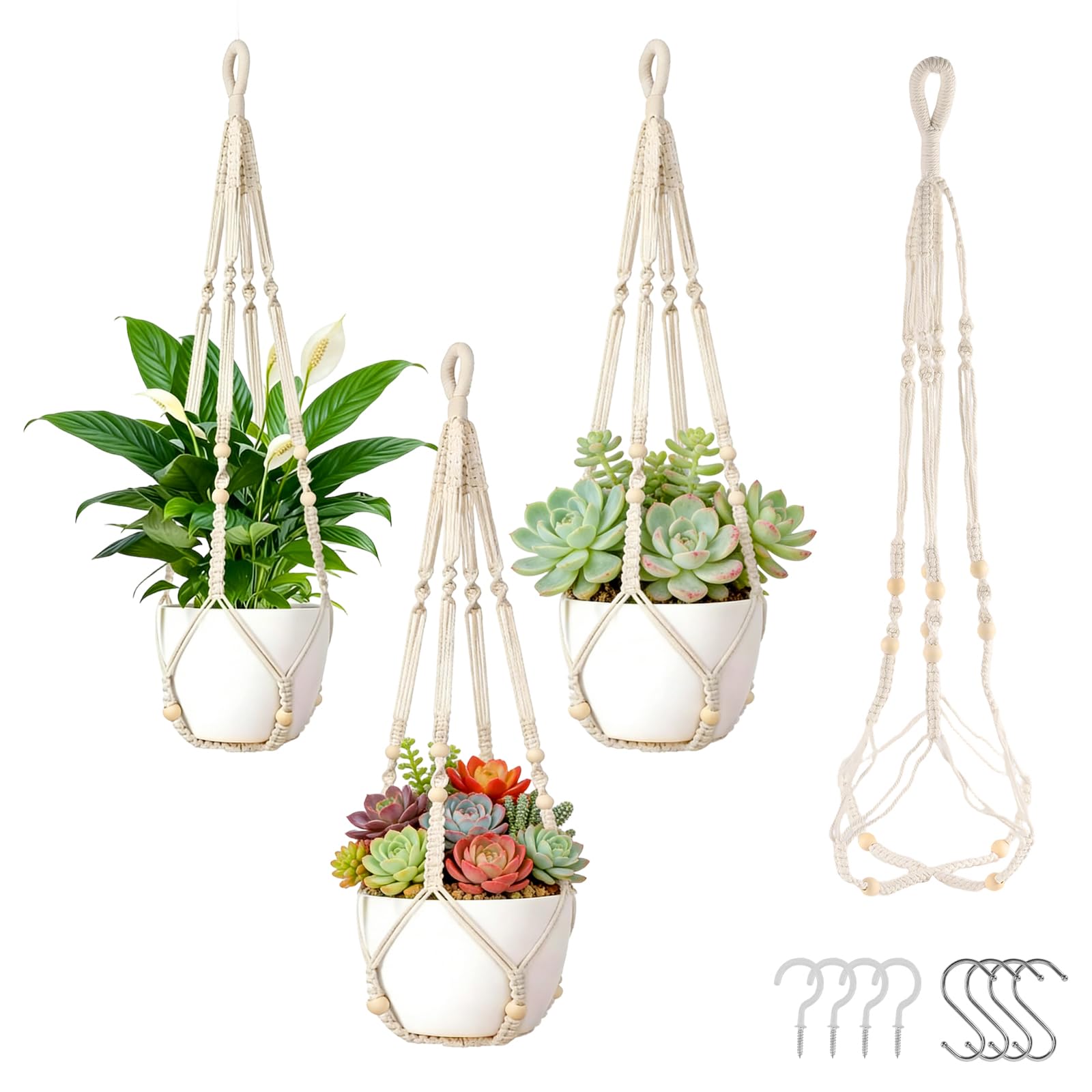 Pot de fleurs en macramé blanc 80 cm (lot de 4 suspension plante)