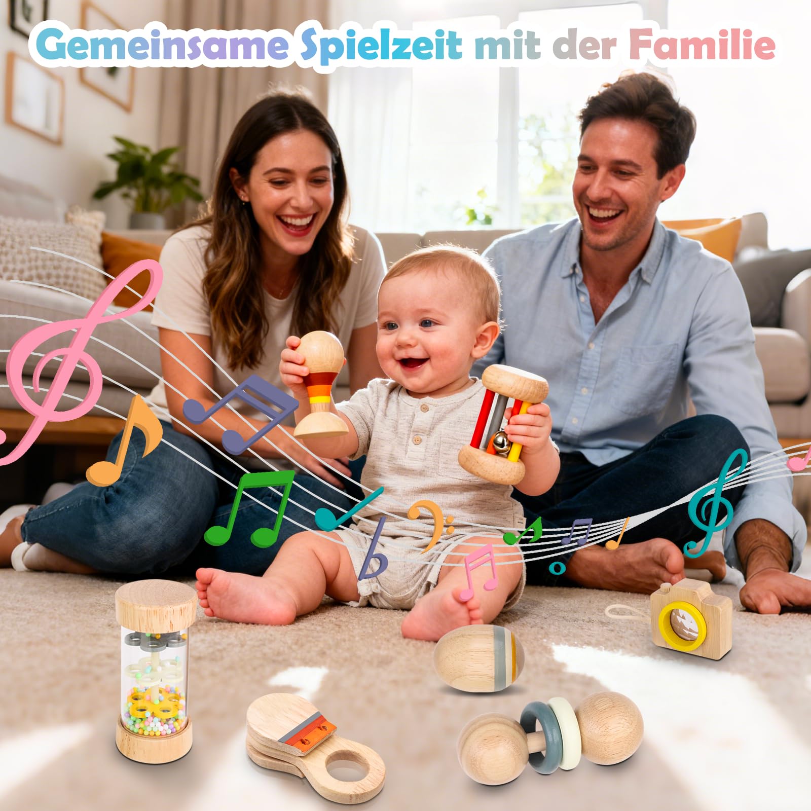 Montessori Holz Baby Spielzeug – 7-teiliges musikalisches Rassel- und Greifset aus Naturholz für 0–12 Monate, ideales Baby-Geschenkset inkl. Stoffbeutel