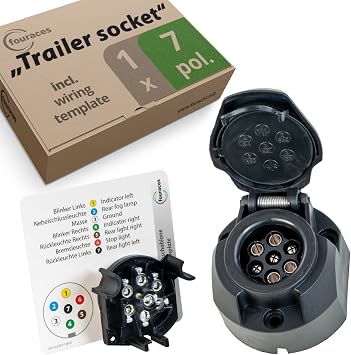 fouraces trailer socket 7 pin, template - for 7 pins plug - for cars, for vehicles, hitch, accessories, car towbar, caravan, boat and motorcycle-trailer, black