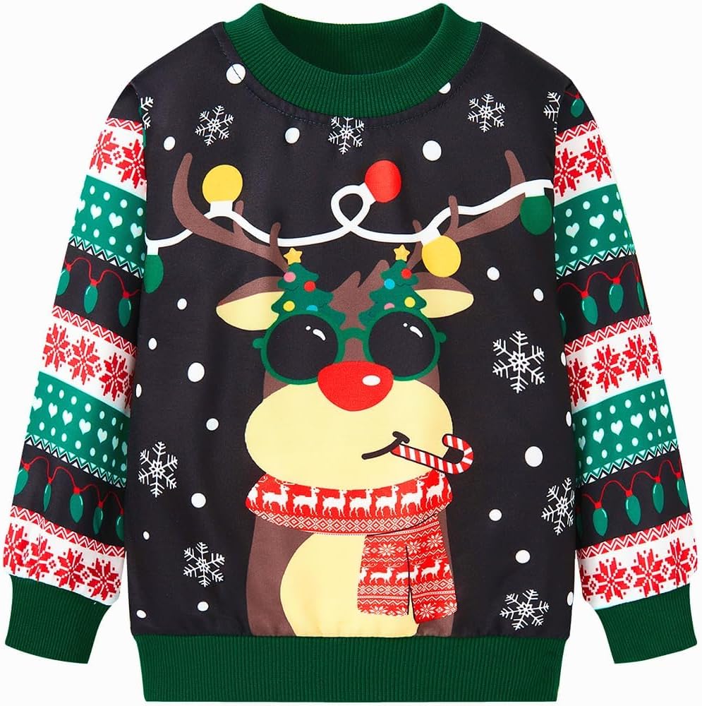 Popshion Toddler Boys Christmas Sweatshirts Long Sleeve Pullover Shirts Reindeer Sweaters Xmas Cartoon Tee Sport Tops 1-7T