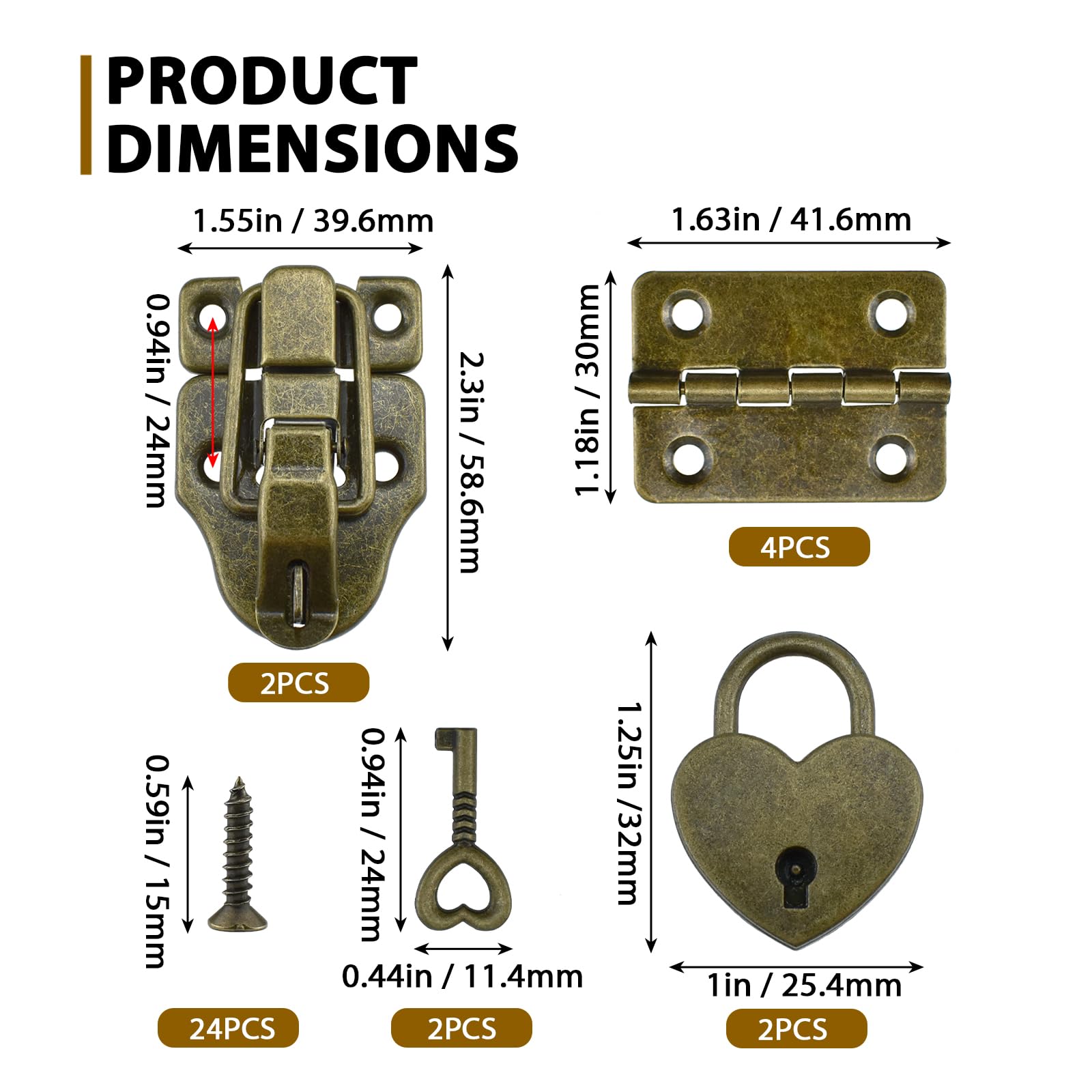 Aifeier ET 2 Sets Retro Style Duckbilled Toggle Hasp Latch Heart-Shaped Padlock and Antique Folding Flush Hinge Kit with Mounting Screws for Jewelry Box Crate Furniture Decoration-Bronze