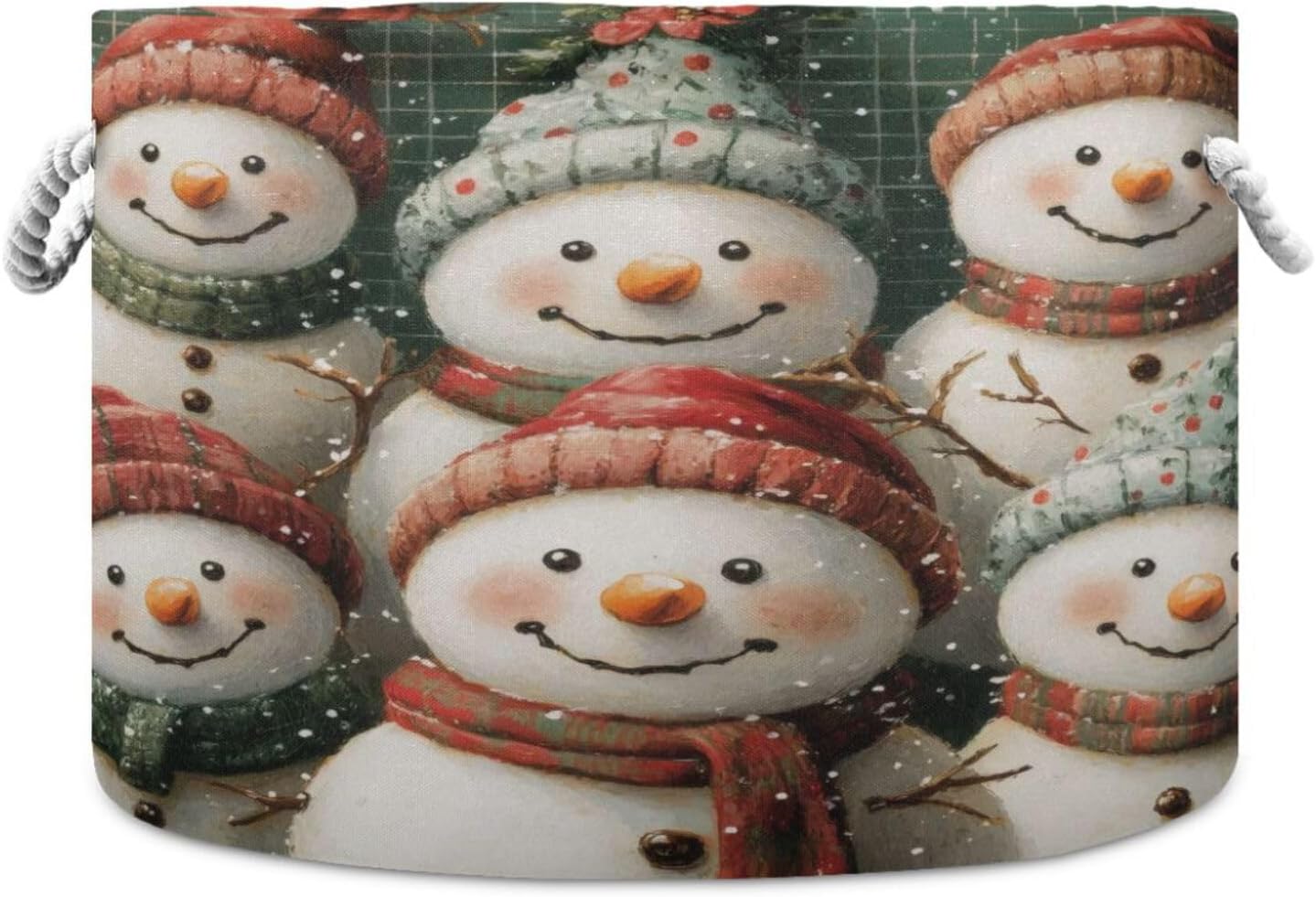 Christmas Snowmen Extra Large Storage Basket Decorative Laundry Basket with Handles, Rope Basket for Clothes, Blanket, Towel, 20 x 14 Inch