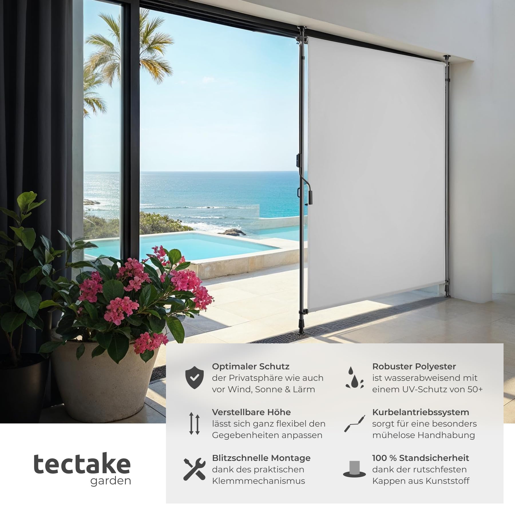 tectake® Klemmmarkise, Sichtschutz Markise Balkon ohne Bohren, Senkrechtmarkise mit Teleskopstange zum Klemmen, Windschutz, Sichtschutz,