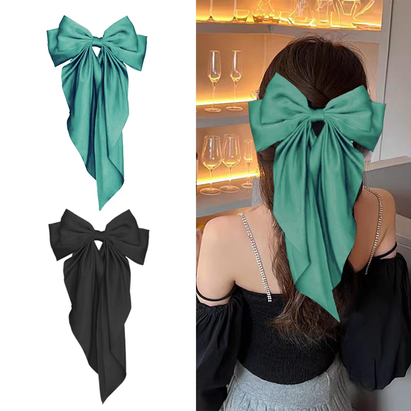 2Pcs Big Satin Hair Clips for Women & Girls, 37cm Long Tail French Bow Hair Barrettes