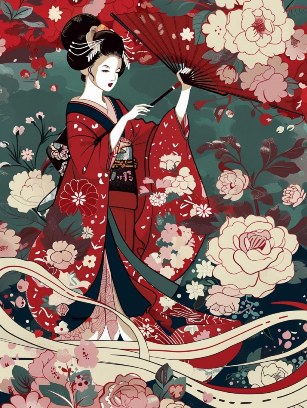 LFYNIORS DIY Perlenstickerei Set Japanische Oiran Und Blumen Nadelstich-Set Mit Perlen Und Kreuzstich-Set Mit Buntem Stickgarn Und Perlen 40x50cm