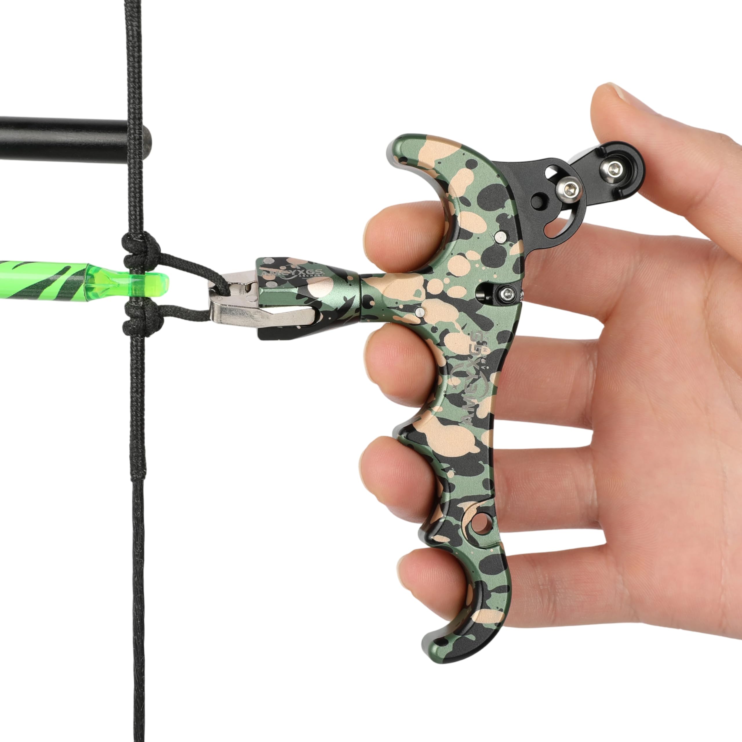 SHARROW Archery Release Aids Compound Bow Thumb Release 4 Finger Aluminum Bow Trigger Release Caliper with Metal D-loop for Bow Hunting Shooting (Camo)