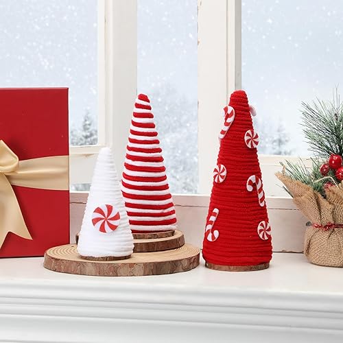 Miniatura 6 de 3 piezas de decoraciones navideñas rojas y blancas para decoración de mesa de Navidad, mini árboles de hilo, árboles de Navidad de caramelo,