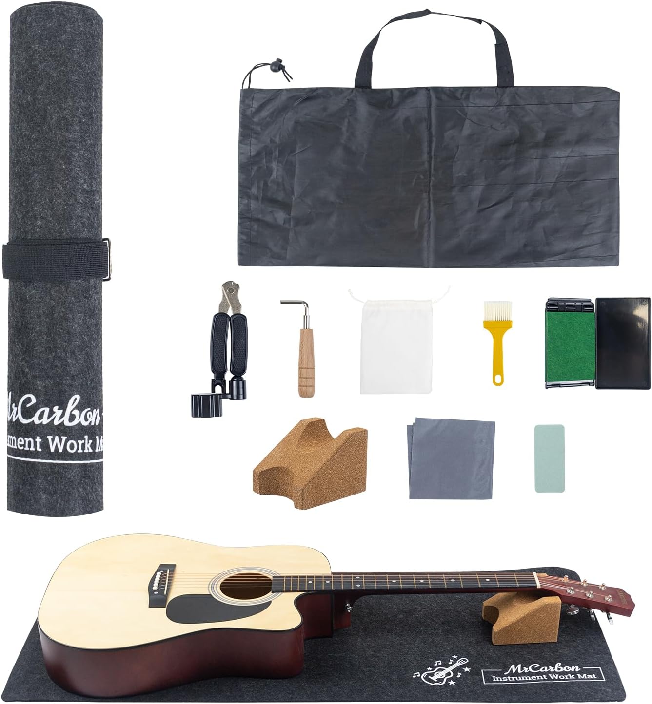 Guitar Repair Mat Kit with Neck Rest, Felt Work Mat, String Winder, Fret Polishing Tools, Cleaning Accessories and Storage Bags – Complete Maintenance Set for Acoustic & Electric Guitars
