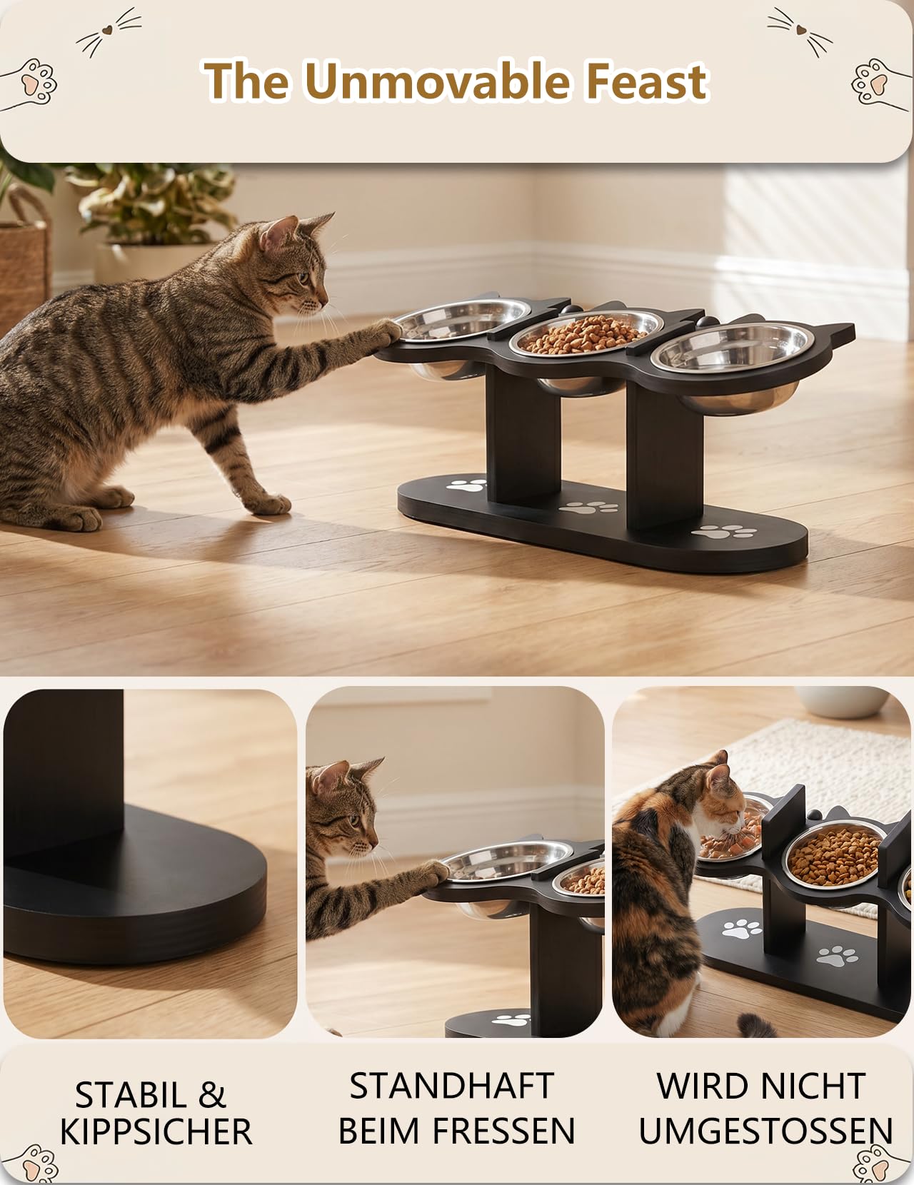 Cuencos elevados 3 en 1 para gatos, estación de alimentación elevada de acero inoxidable para mascotas con soporte inclinado de 15°, diseño antivómitos, base de madera con huellas de patas