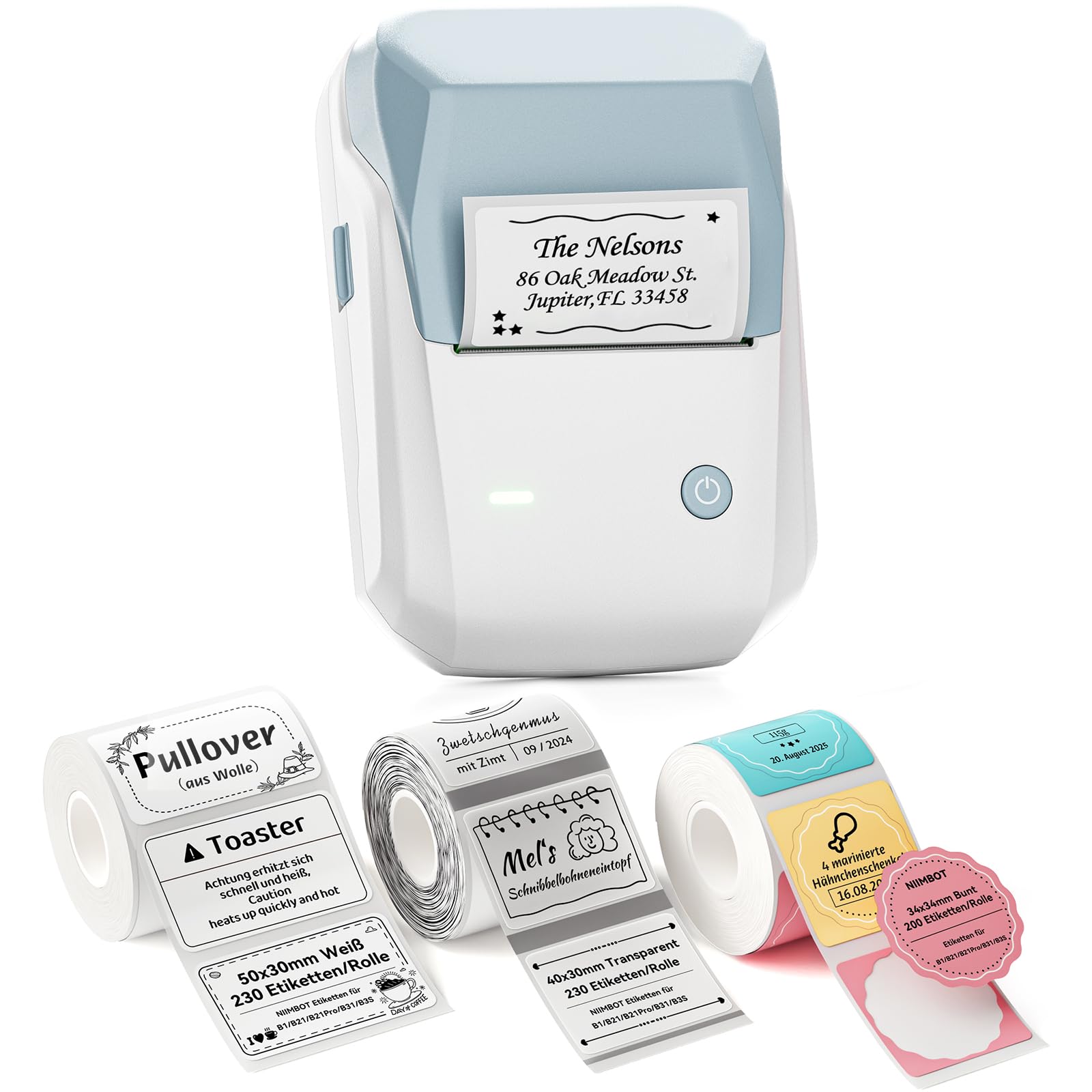 NIIMBOT B1 Etikettendrucker mit 3 Rollen Wasserfester Etiketten Selbstklebend, Tragbarer Beschriftungsgerät Bluetooth Label Printer Aufkleber Drucker für Schulbedarf, Barcode, Adresse, Blau