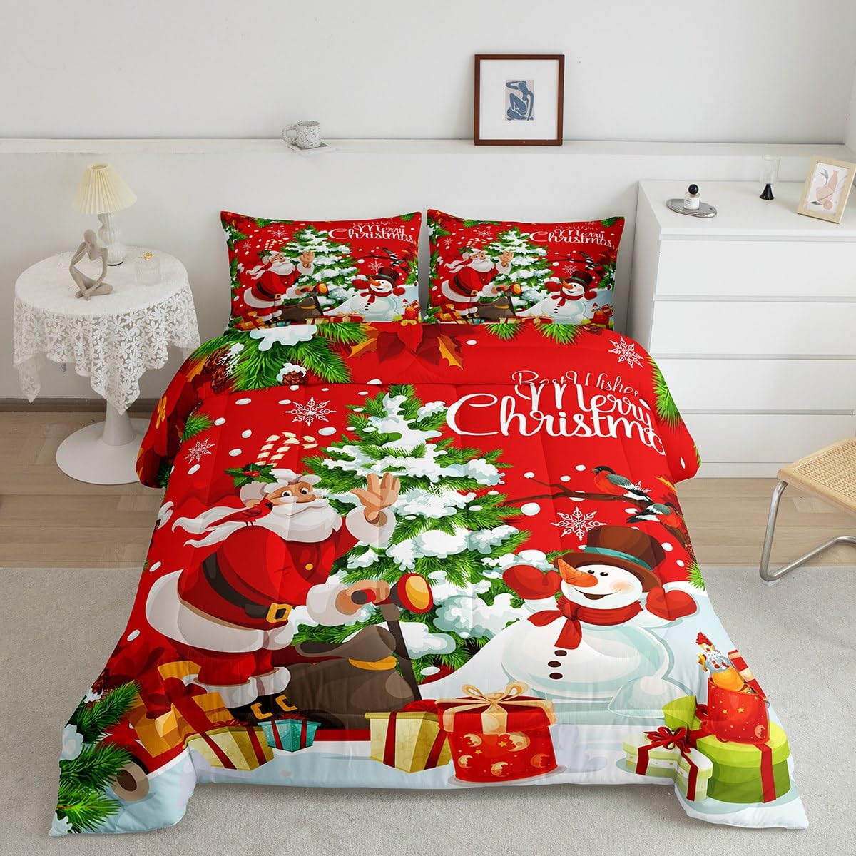Feelyou Christmas Tree Comforter Set Twin Size with 1 Pillow Case Merry Christmas Bedding Set Santa Claus Comforter Cute Snowman Quilted Duvet Set for Kids Adults