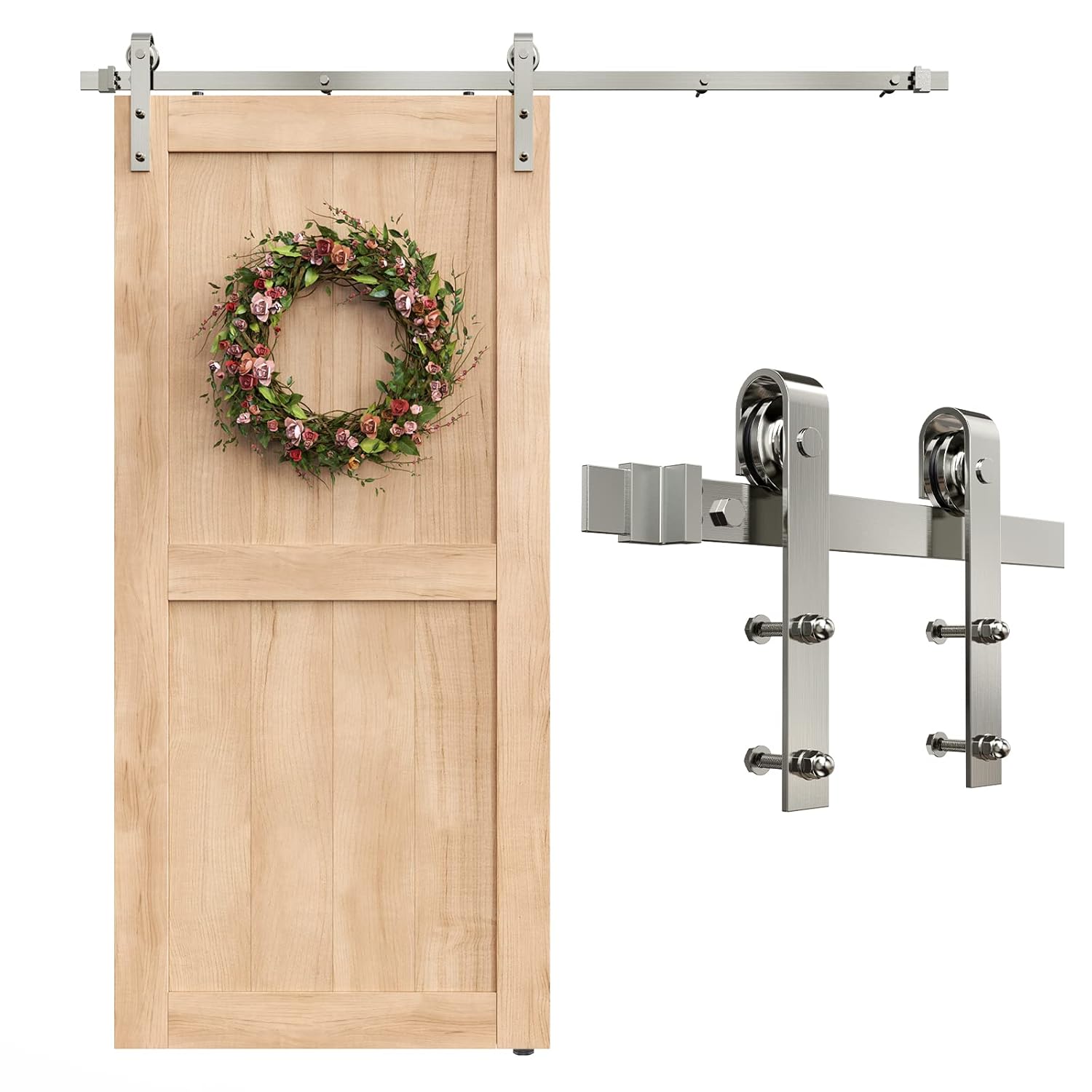 ROOMTEC 6.6FT Colorful Sliding Barn Door Hardware Track Kit, Brushed Nickel Roller Kit for 1 Doors, J Shape(No Door)