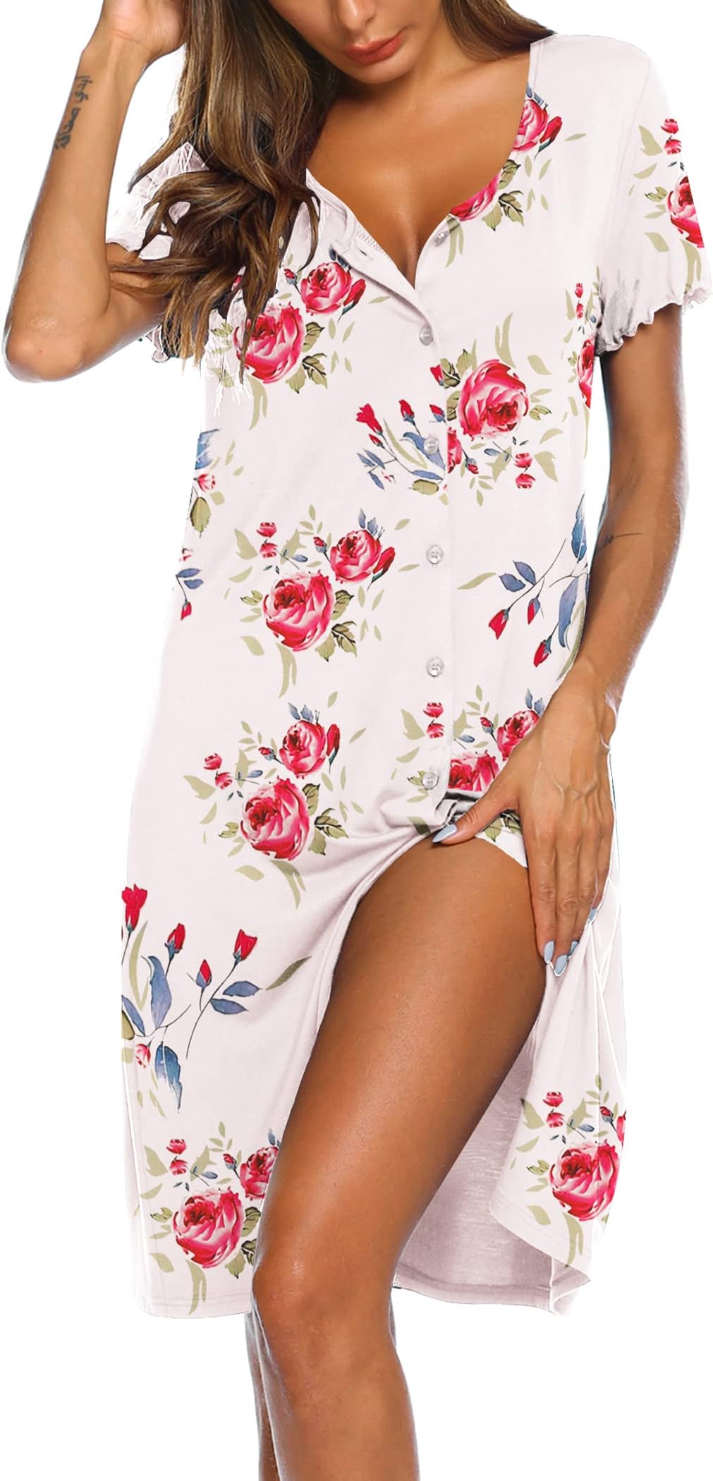 Ekouaer Women's Nightshirt Short Sleeve Button Down Nightgown V-Neck Sleepwear Pajama Dress