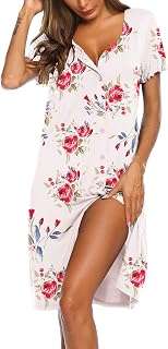 Ekouaer Women's Nightshirt Short Sleeve Button Down Nightgown V-Neck Sleepwear Pajama Dress