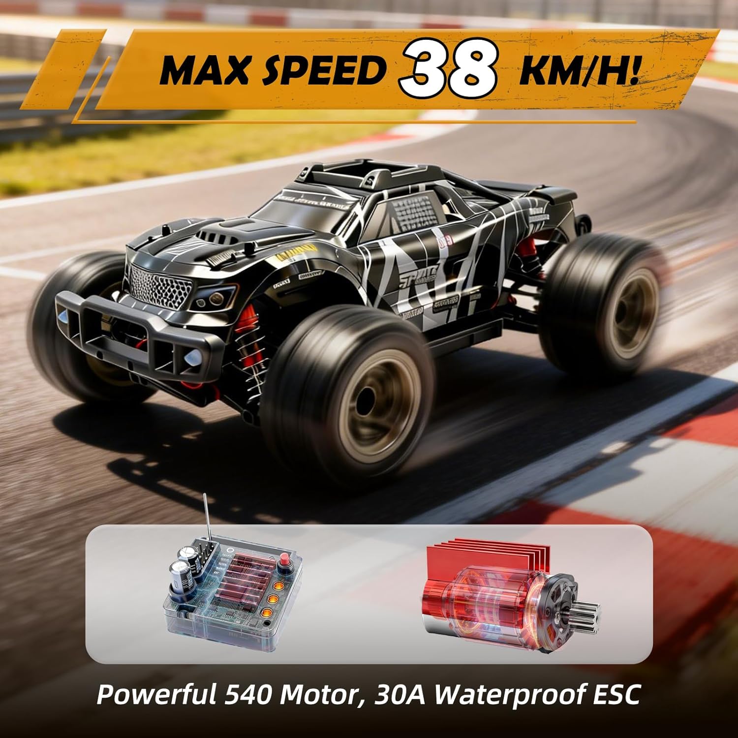 1/10 Remote Control Car, 38km/h High Speed RC Car, 4X4 Off-Road RC Truck, IPX4 Waterproof Remote Control Truck, Two 2000mAh Li-Po Batteries, 2.4GHz RC Buggy, for Teenagers and Adults