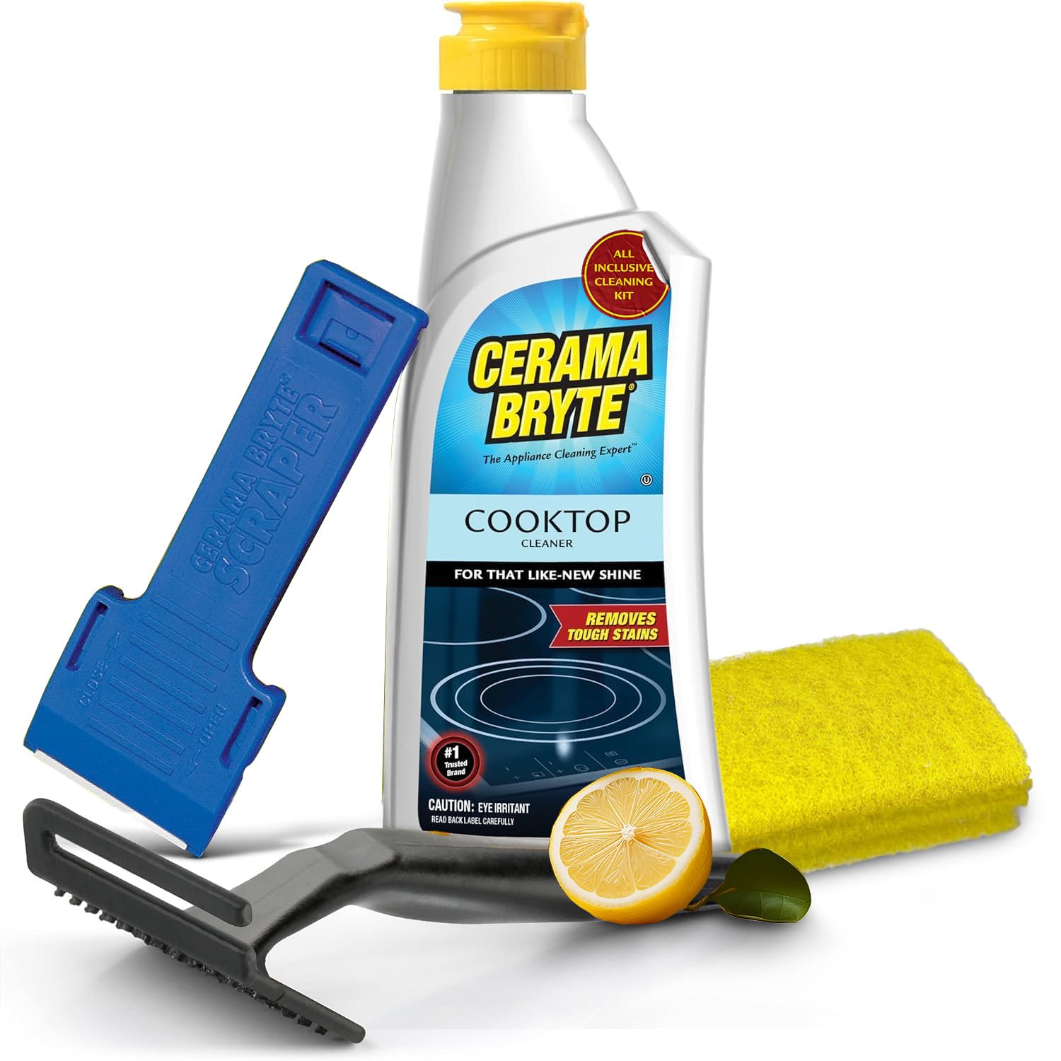 Cerama Bryte Combo Kit POW-R Grip, Scraper, Pads & Removes Tough Stains Cooktop and Stove Top Cleaner for Glass - Ceramic Surfaces, 10 Ounces, 6 Piece