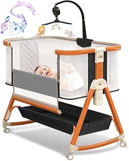 3 in 1 Bassinet,Baby Bassinets Bedside Sleeper with Musical Toy,Adjustable Height Bedside Bassinet for Baby with Wheels and Storage Basket,4-Sided Mesh Bedside Crib for Newborn 0-6 Months (Black) | Anti Tilt Support