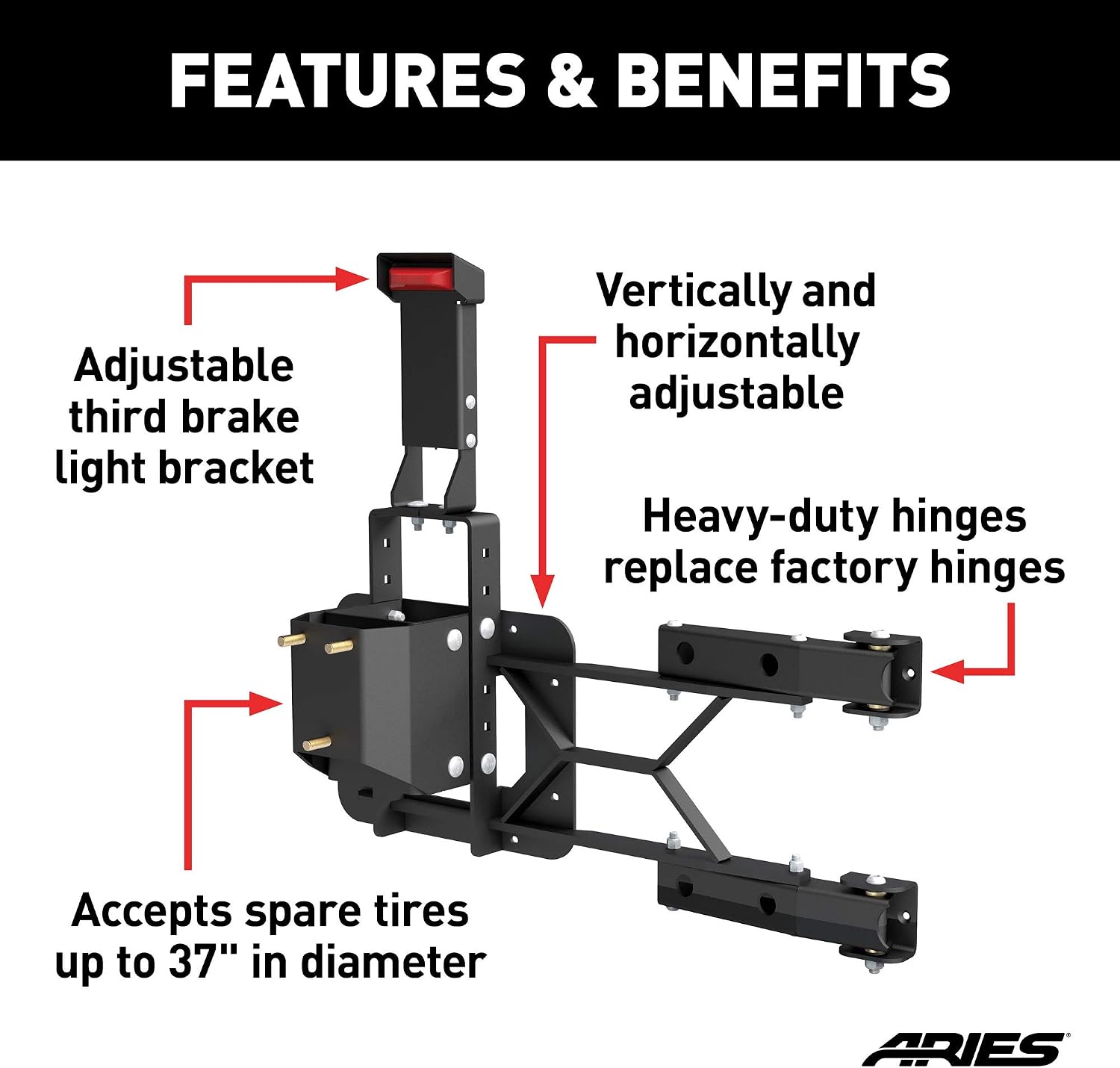 ARIES Adjustable Rear Door Spare Tire Carrier for Jeep Wrangler JK