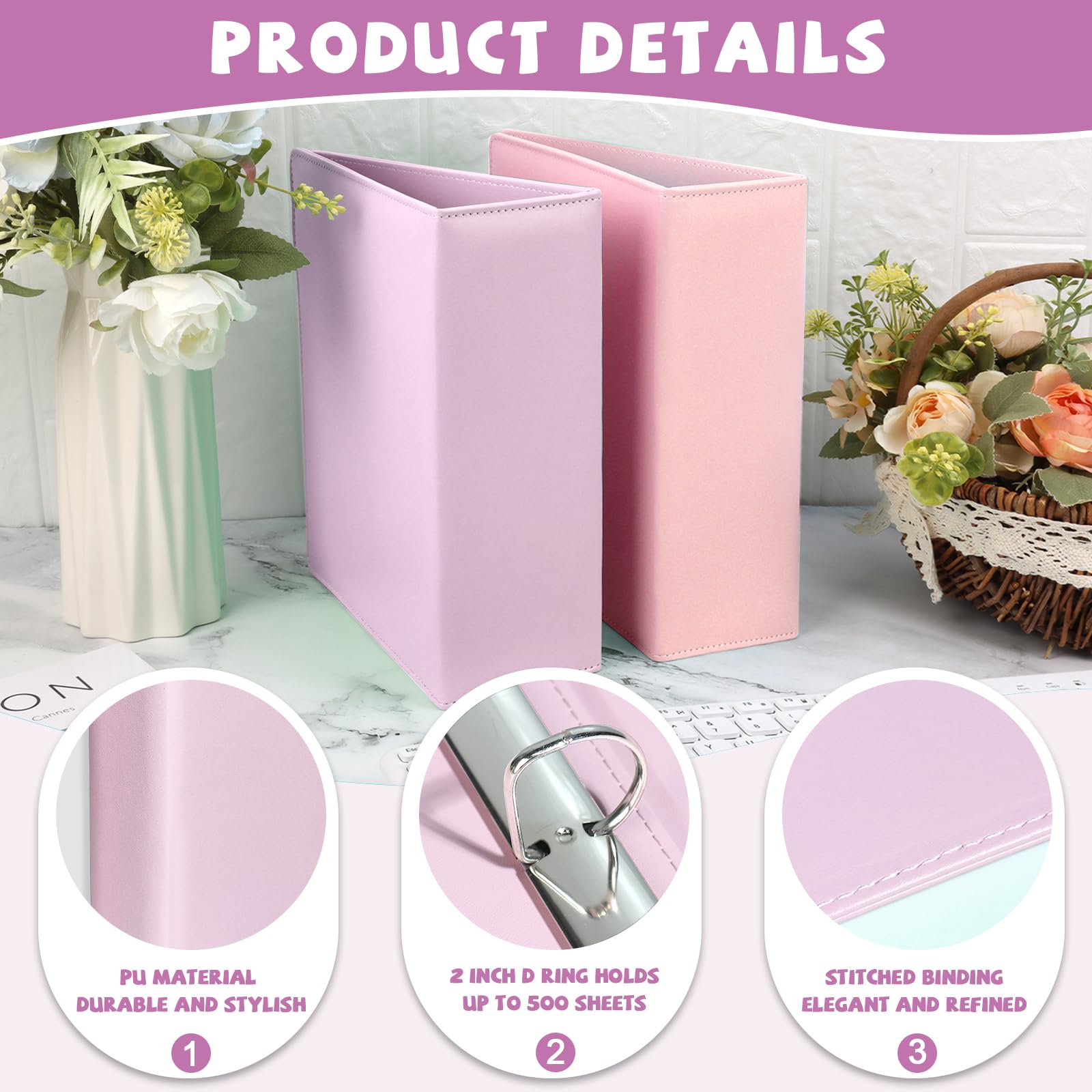 Lot de 2 classeurs à 3 anneaux en cuir synthétique de 14 cm x 21,6 cm, anneaux en D de 5 cm avec intercalaires de 5 couleurs, peut contenir jusqu'à 500 feuilles avec poche à boucle pour stylo pour