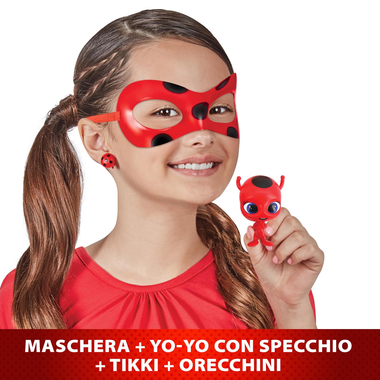 BANDAI - Miraculous Ladybug - Set di Trasformazione - Costume Ladybug - Maschera, Yoyo, Orecchini Tikki Kwami - Costume e accessori Miraculous - Giocattolo per bambini di 4 anni e più - P50604