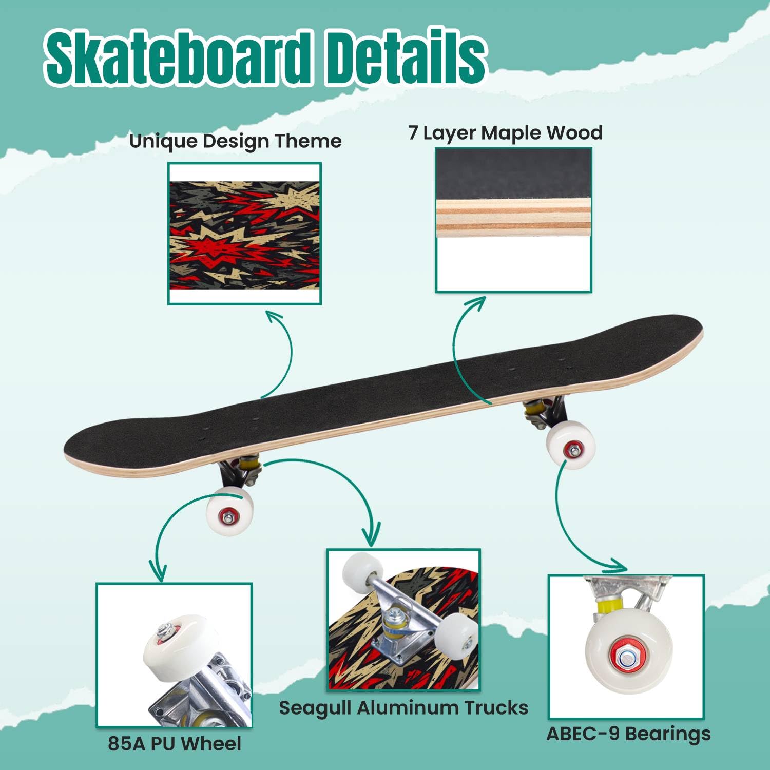 Skateboards Grunge Stars - Monopatín cóncavo clásico sin costuras para adolescentes, regalos para adolescentes, deportes extremos para principiantes y profesionales