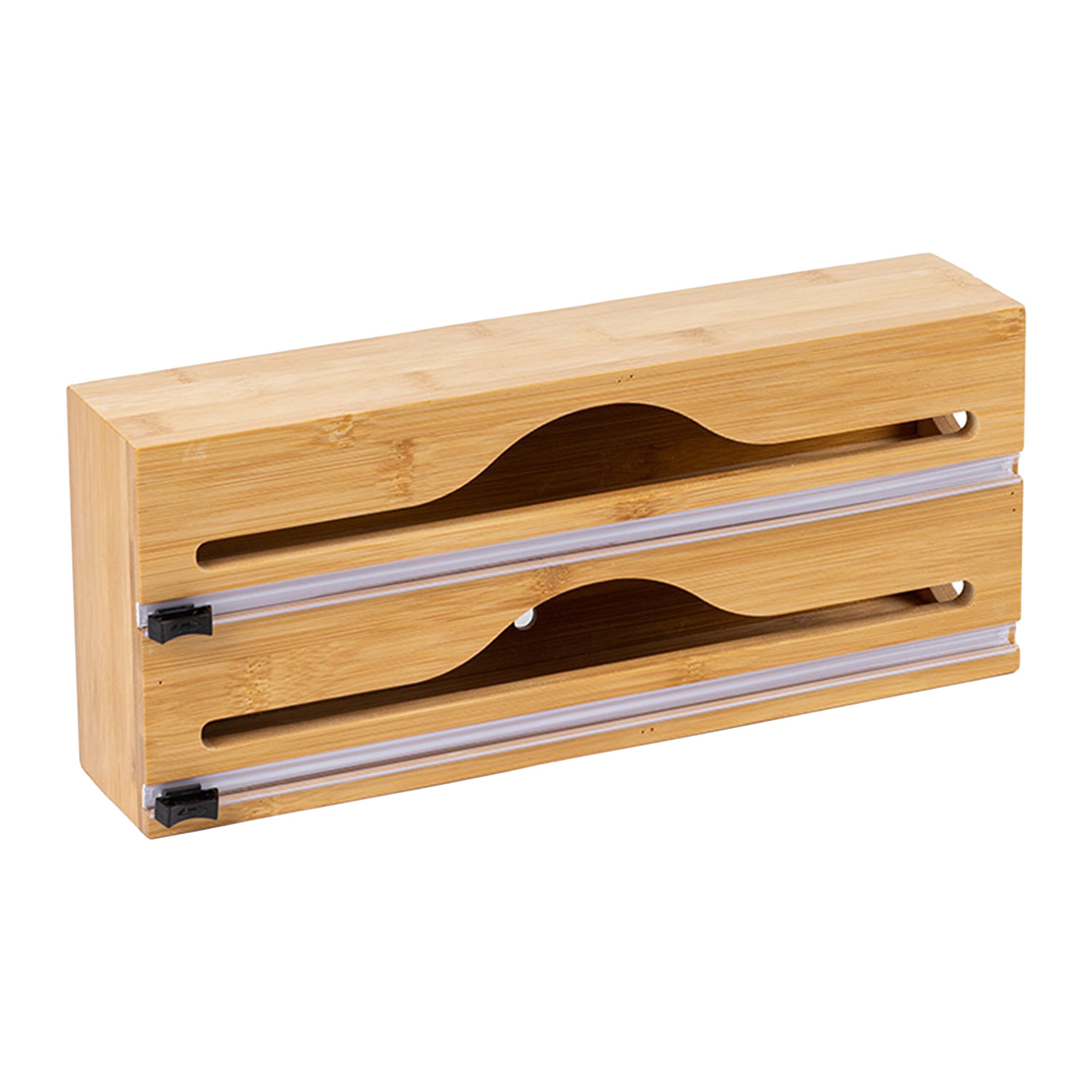 Dispensador de Film y Papel Aluminio Relaxdays, 2 Rollos, cajón, bambú, 14 x 33 x 7 cm, Cortador para Cocina, Natural
