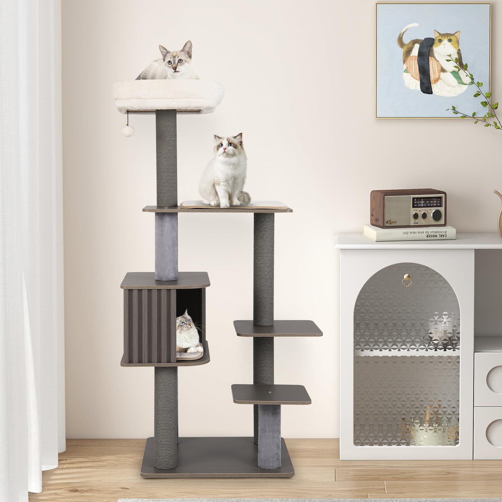 COSTWAY Albero per Gatti a 6 Livelli, Torre per Gatti Alta 151 cm con Condominio, Tappetini Removibili e Tiragraffi, Albero Tiragraffi per Arrampicata per Gattini in Legno con Palla Pompom Appesa