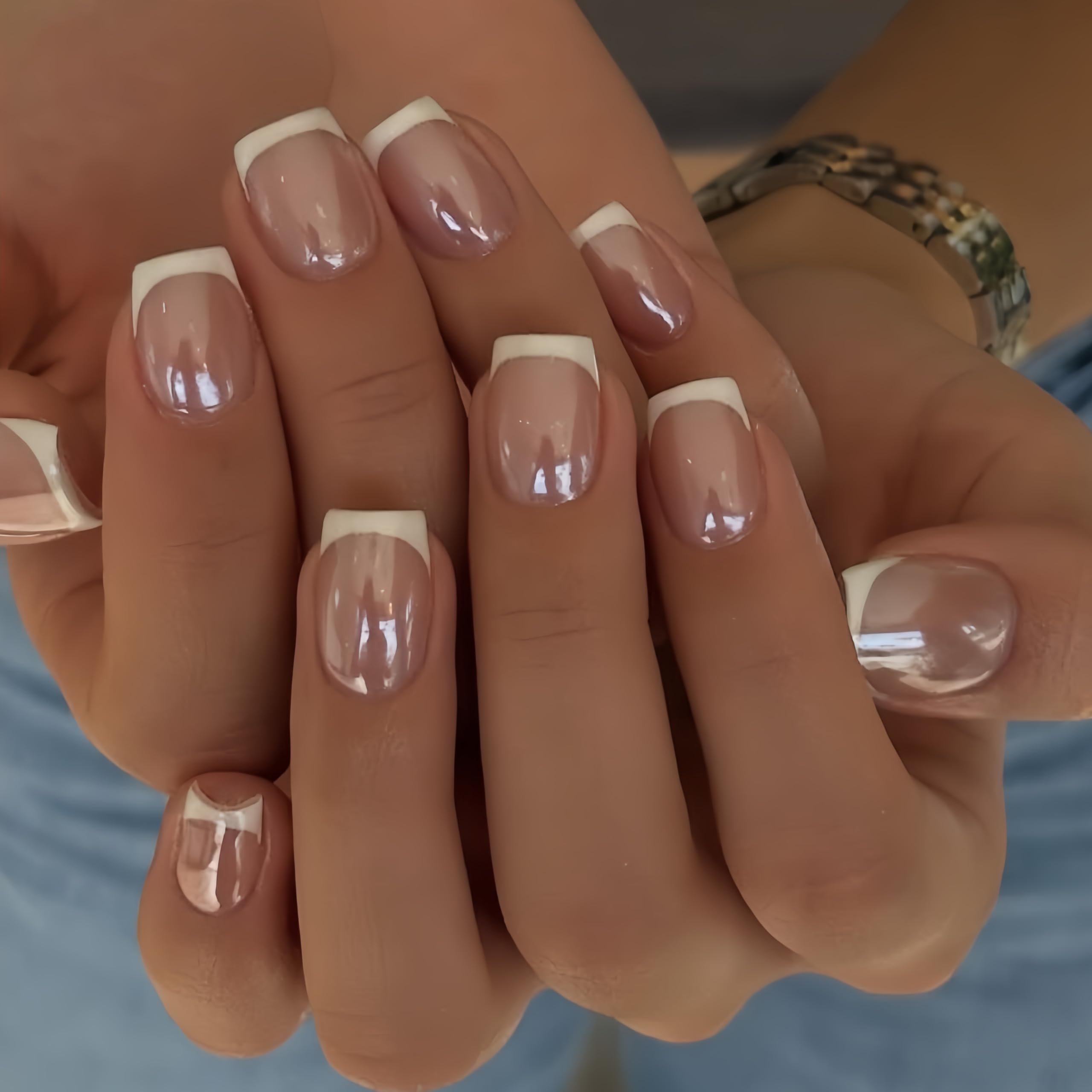 KQueenest Chrome White French Tip Press On Nails Short Square, 30 Pcs Glazed Nude Fake Nails Press ons With Mirror Effect, Reusable Long-Lasting Bling Glue on Nails with Glue for Women Wedding