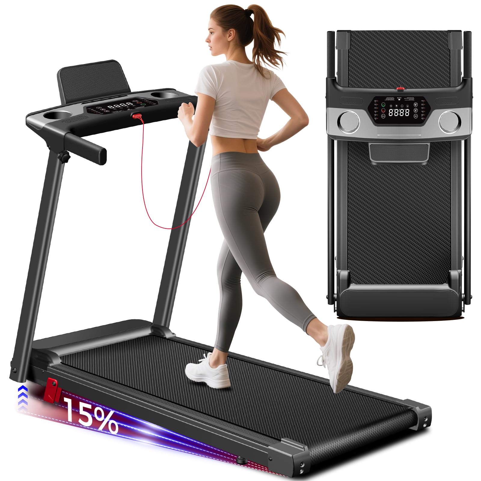 treadmill with incline 3-in-1 portable treadmills for home small, incline walking pad treadmill with handle bar, walking pad foldable with 3.0hp quiet brushless, led dispay, 350lbs capacity
