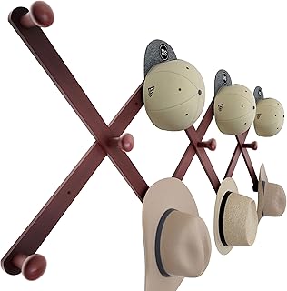 SKOLOO Large Hat Rack for Wall, Wooden Accordion Wall Hanger, Modern, Expandable Coat Hooks, Hat Display Rack for Home, Office, and Studio, 11 Peg, Cherry Red