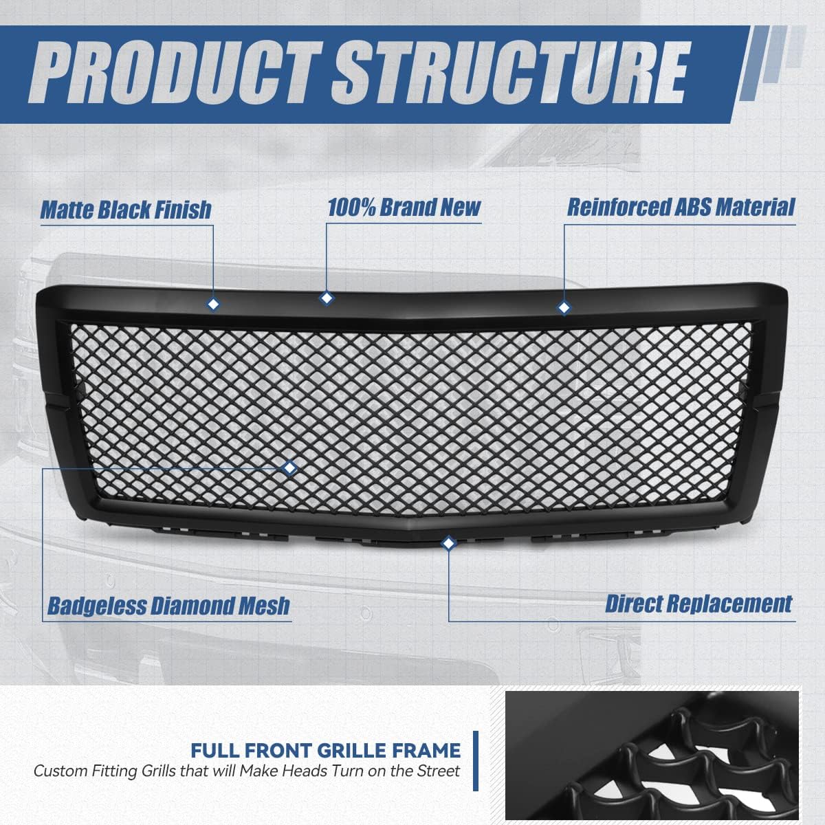 Auto Dynasty Badgeless Diamond Mesh Style Front Bumper Hood Grille Compatible with Chevrolet Silverado 1500 2014-2015, Matte Black