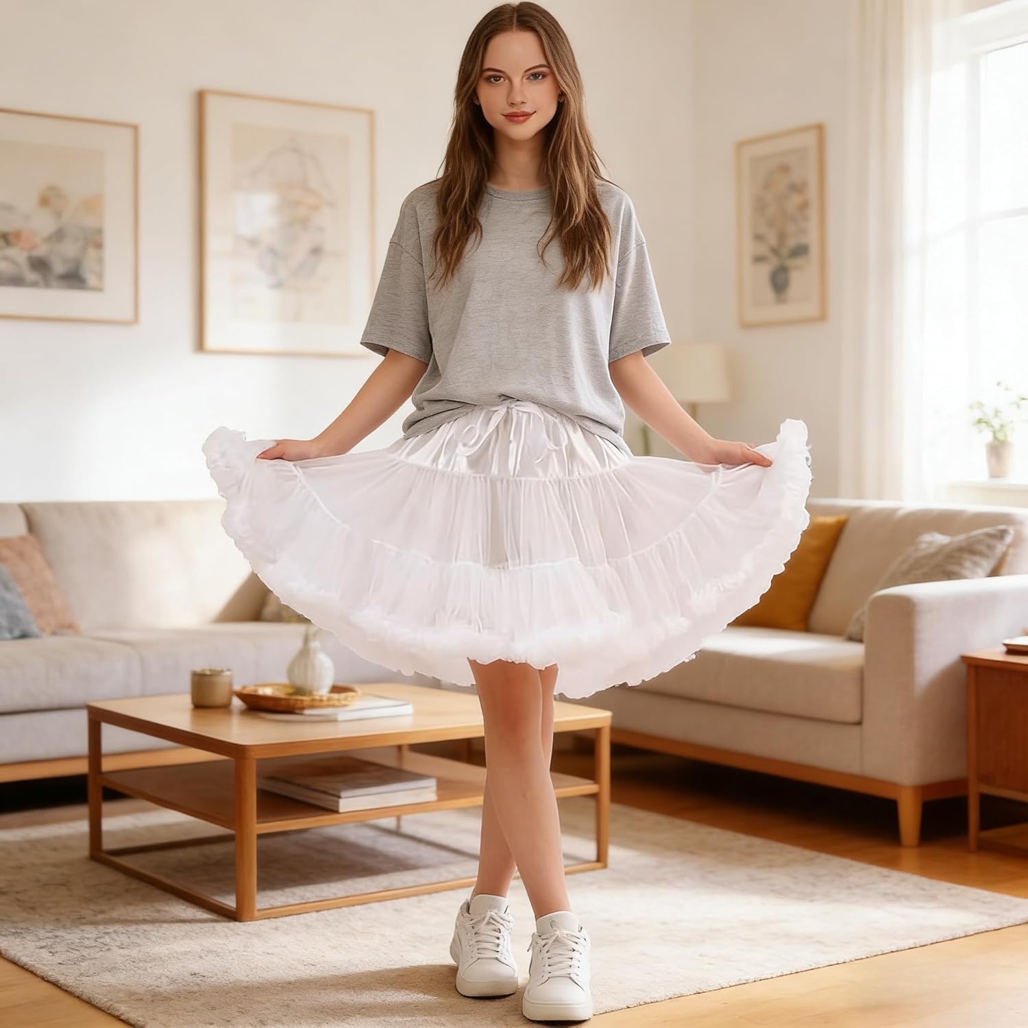 SecretCastle Womens 3-Layered Pleated Tulle Petticoat Tutu Puffy Party Cosplay Skirt Womens puffy tutu skirt White tulle skirt - Image 2