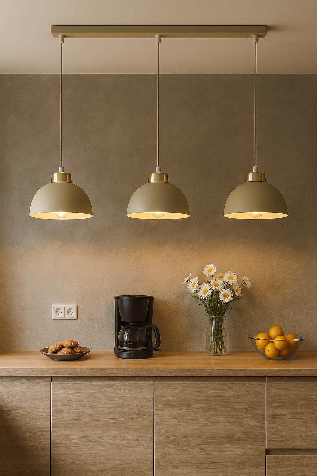 Pendellampe 3-flammig Beige – Moon Ecru Kaschmir Leuchte aus Metall – E27 Lampen für Esszimmer oder Wohnzimmer – LED geeignet