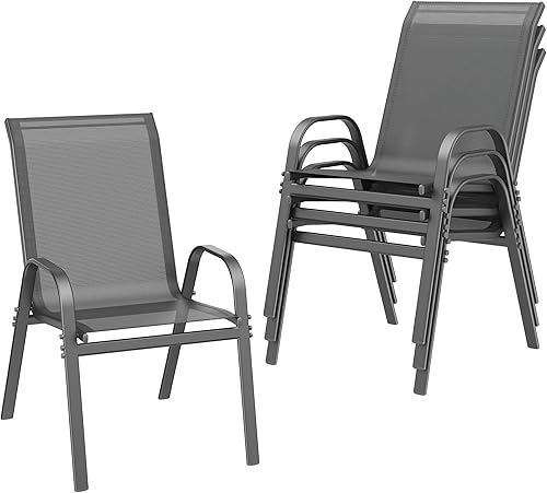 ONBRILL Juego de 4 sillas de patio, sillas de comedor apilables de fácil montaje con asiento ancho y marco de metal resistente, sillas de textileno